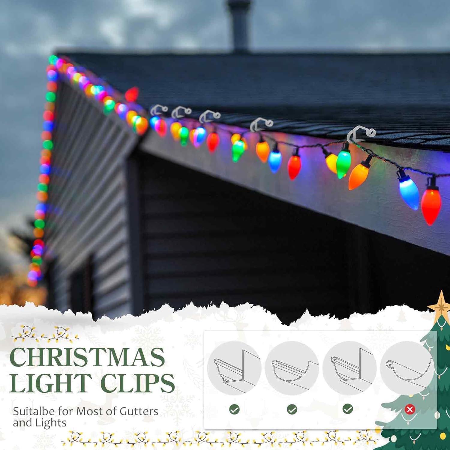 100 Pcs White Light Clips and 6 Pcs Christmas Stockings with Name Tags Bundle