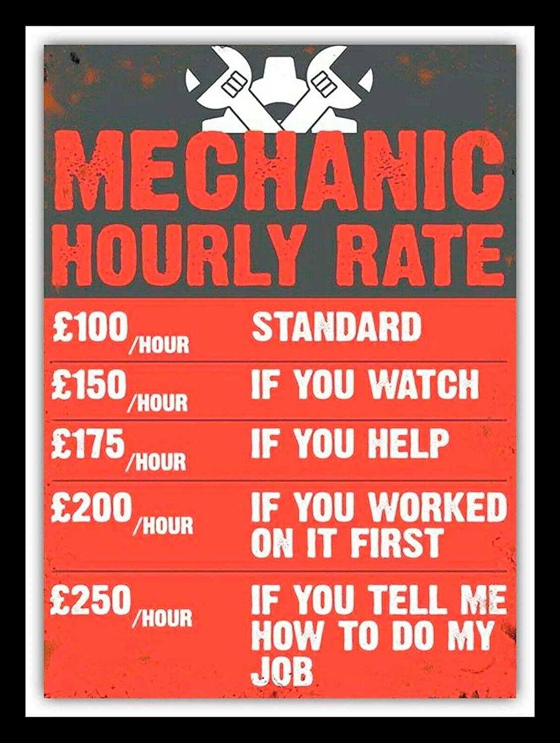 Rifosa A15 12"X16" Mechanic Funny Hourly Rate Vintage Metal Sign Man Cave Shed Garage