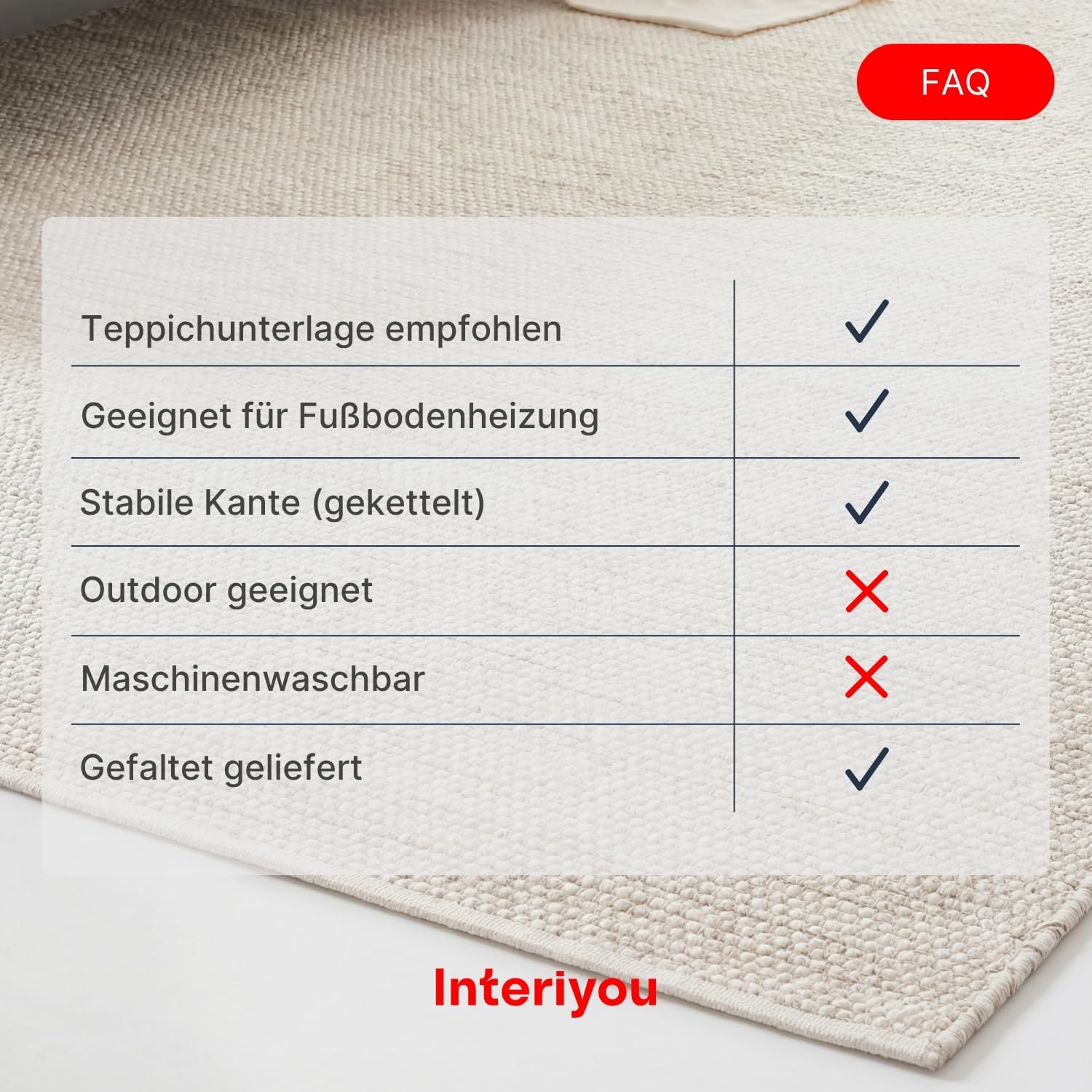 Interiyou handgewebter Baumwollteppich Riga - 120x170 cm Creme - Handwebteppich für Wohnzimmer, Schlafzimmer - 100% Handarbeit Naturfaser Teppich Flachgewebe