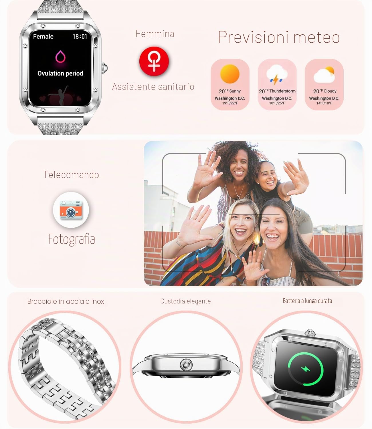 Smart Watch da donna, 1,59 pollici, Full Touch, Smartwatch da donna con monitoraggio della salute femminile, fitness tracker cardiofrequenzimetro (Argento pieno)