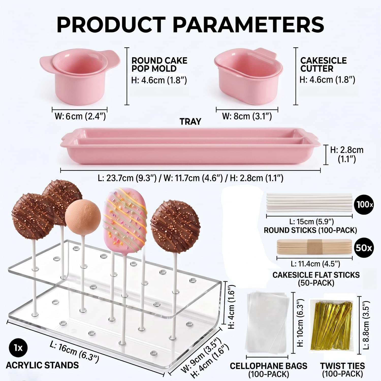 Cakesicle Cutter and Cake Pop Mold Set, Complete Baking Kit with Acrylic Stands Trays Pusher Sticks Cellophane Bags & Ties, Dishwasher Safe for Home Baking Birthday Parties Wedding Desserts (Pink)