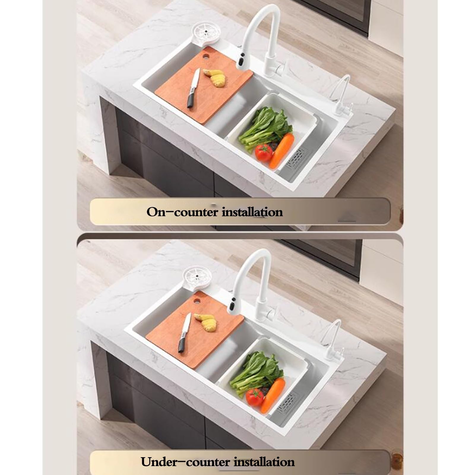Lavello a vasca singola di grande capacità per lavare verdure e frutta Lavello in acciaio inossidabile Lavastoviglie con rubinetto estraibile Rondella della tazza sifone appartamenti B, Whit,
