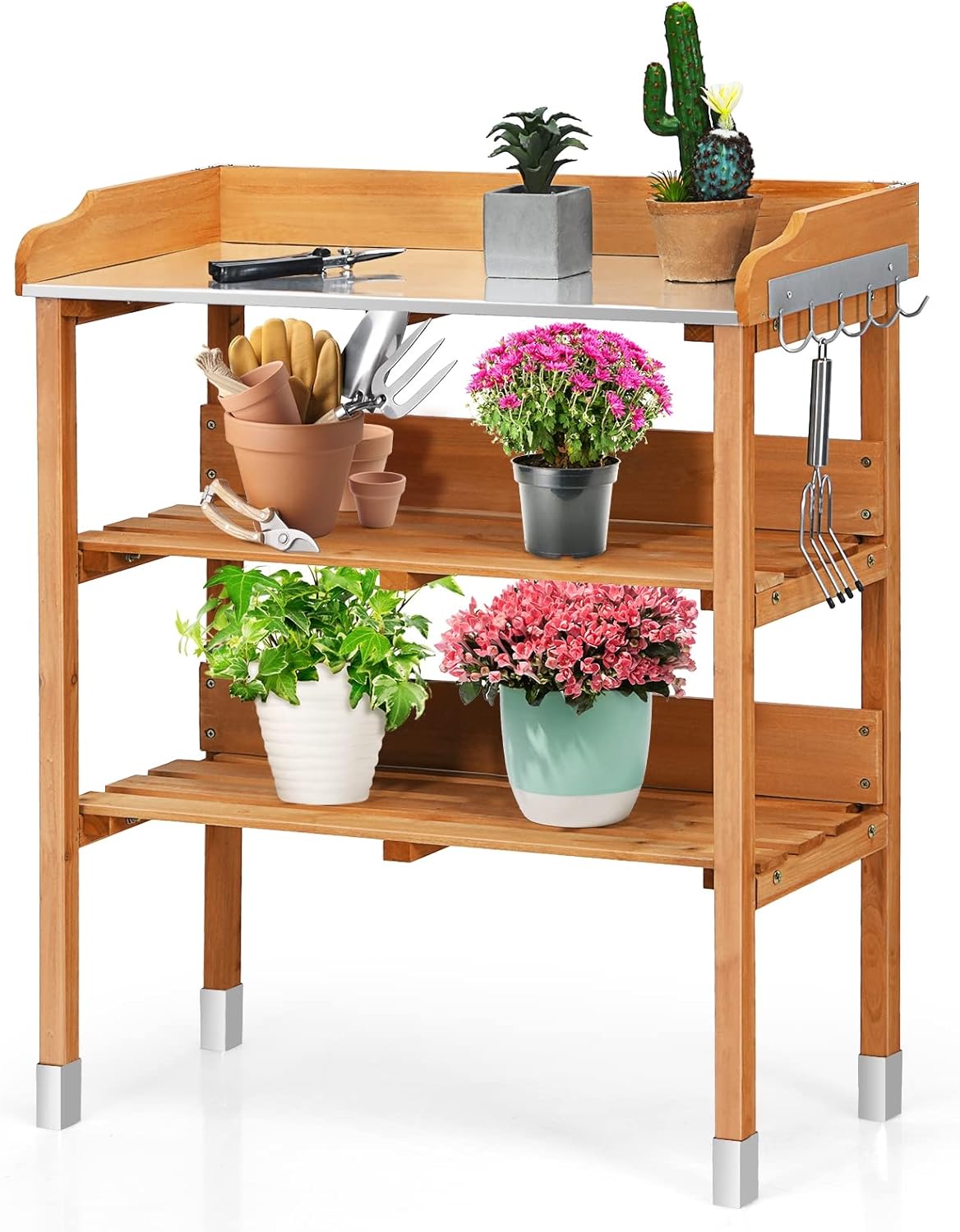 Outdoor Wooden Potting Bench Work Planting Station w/Hook and Storage Shelf