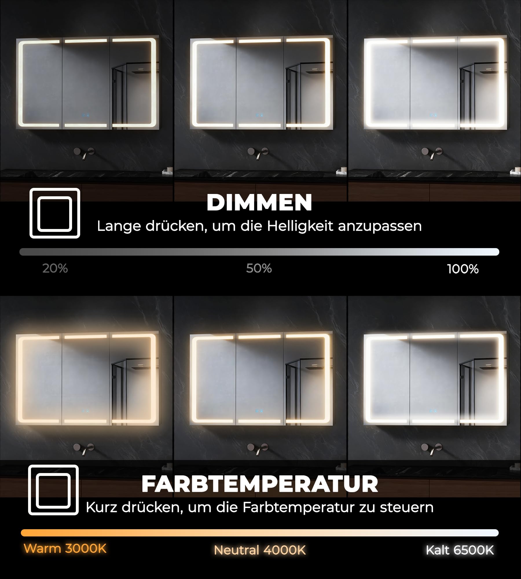 Armario con espejo de baño LED con tres puertas y función antivaho, armario de pared para baño con superficie de acero inoxidable pulido, espejo cosmético sin cobre de 3 mm en plata, estantes