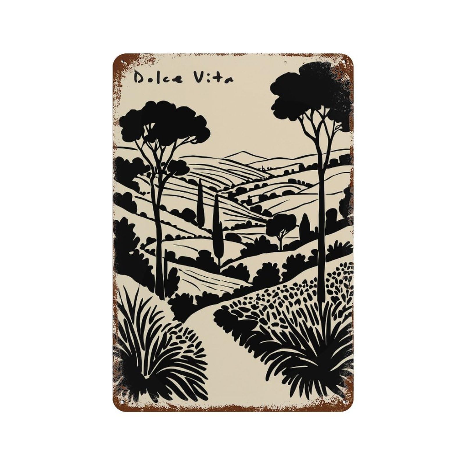 Italian Landscape Silhouette Rust Effect Tin Sign 11.8"x7.9", for Farmhouse, Kitchen And Entryway Decor, Decorative Metal Wall Art