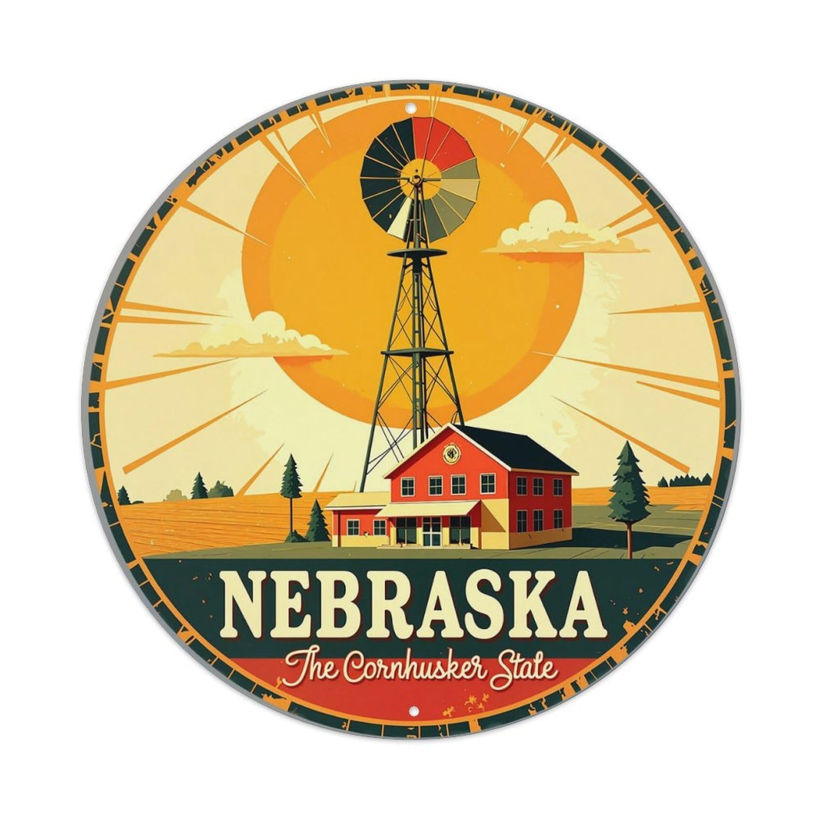 Nebraska Farm Windmill Sunset Scene Retro Metal Sign Round Tin Sign, Vintage Decor Art Poster for Bar, Home, Man Cave, Kitchen, Laundry Room Gift 8x8Inch