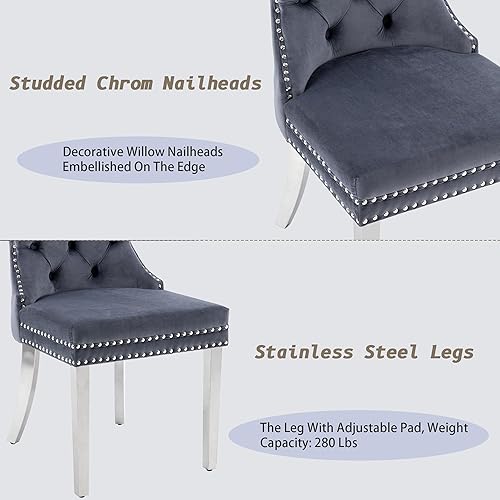 Miniatura 6 de KCC Juego de 2 sillas de comedor de terciopelo, sillas de comedor tapizadas de alta gama con mechones y ribete de tachuelas en el respaldo con