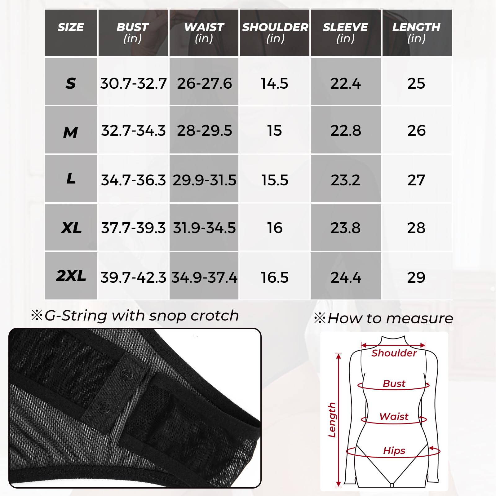 Buauty Body de malla de manga larga para mujer, parte superior de malla transparente, cuello redondo, leotardo transparente con entrepierna a presión, ropa de club