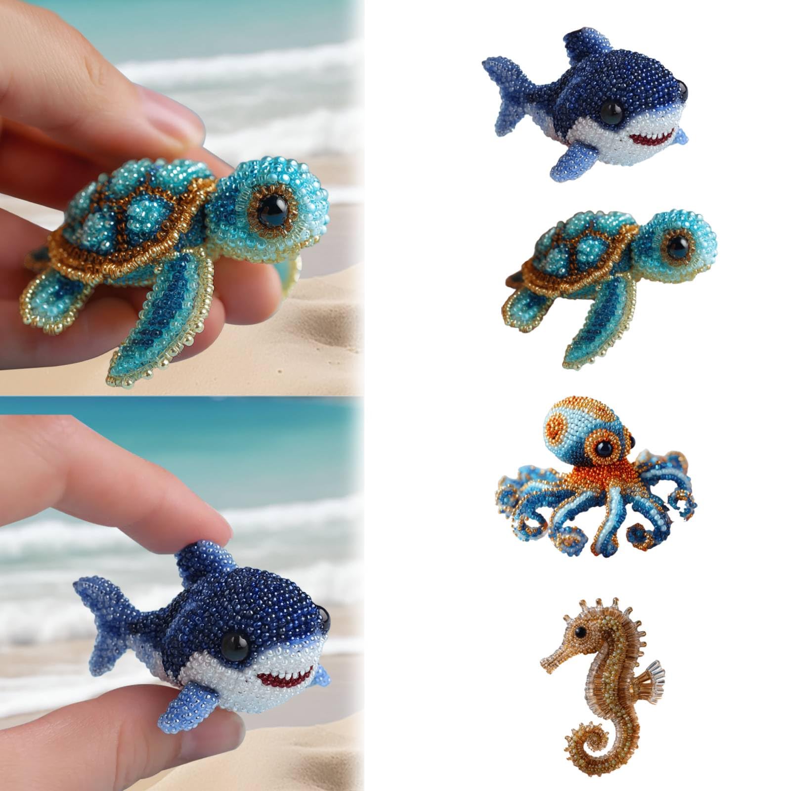 Octopus Bead Embroidery Kit,3D Ocean Animals DIY Beadwork Craft Kit,Crystal Art Buddies Beads for Embroidery,DIY Embroidery Beads Ornament Kit,Decor for Craft Lover (Sea Turtles+Shark)