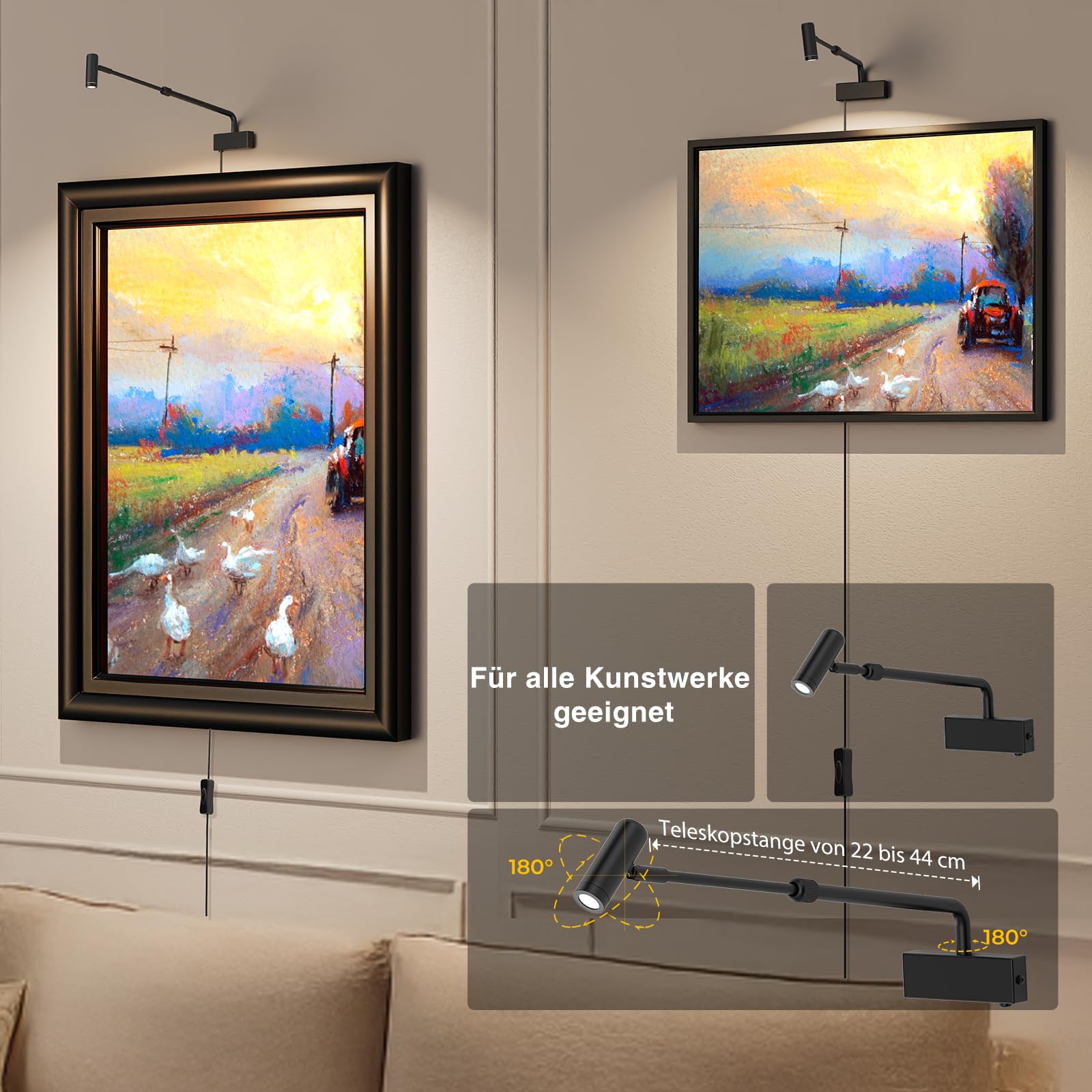 Rückziehbare 2700K LED-Spotlight Innen LED Bilderleuchte Plug-in, 180°drehbares Bildbeleuchtung mit Fernbedienung, Dimmbares Bildlicht mit Ein/Aus-Schalter für Wandkunstpräsentation, Schwarz