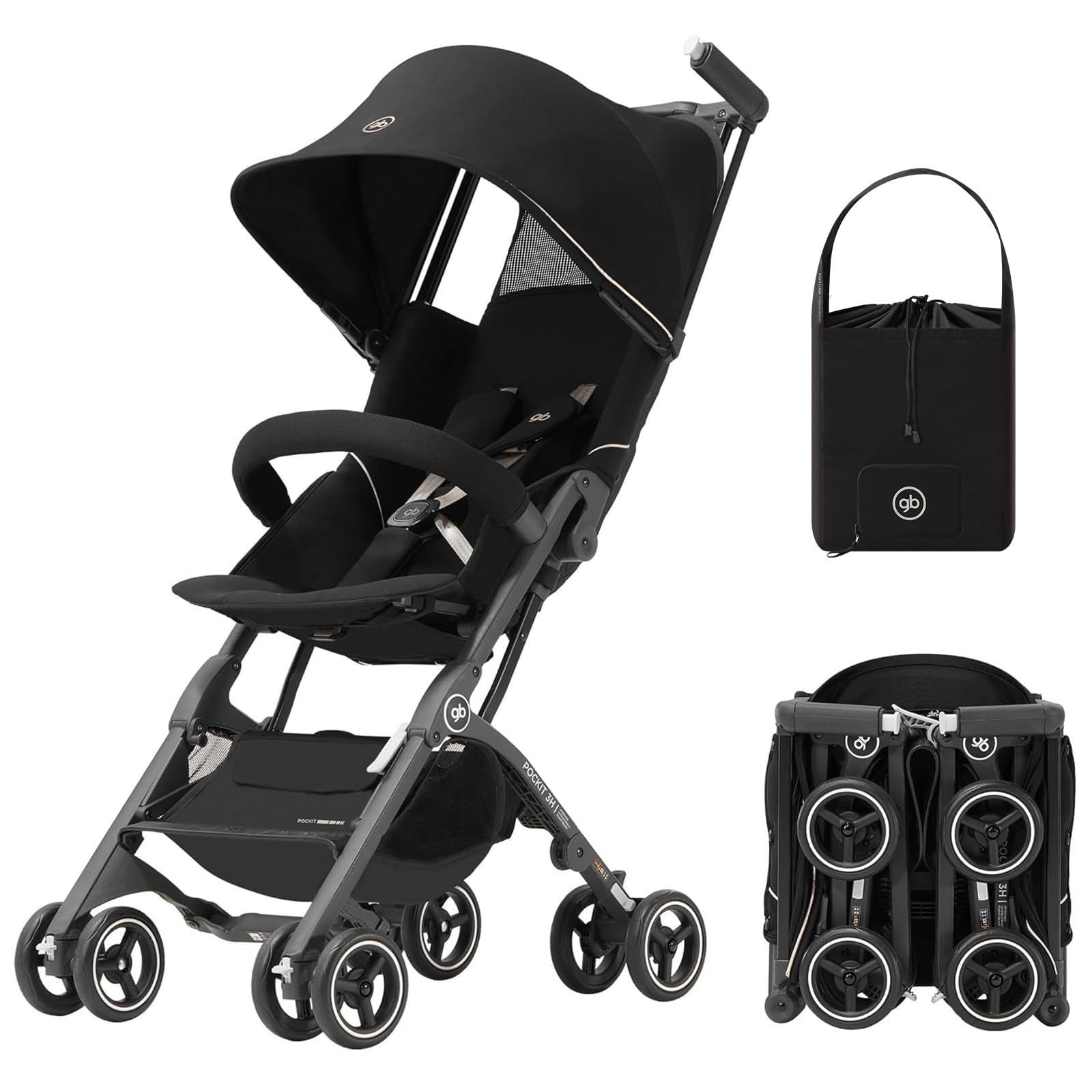 gb Pockit All-Terrain Poussette & Sac de Transport Noir/Or | Poussette compacte avec sac de transport assorti pour les déplacements quotidiens et les voyages