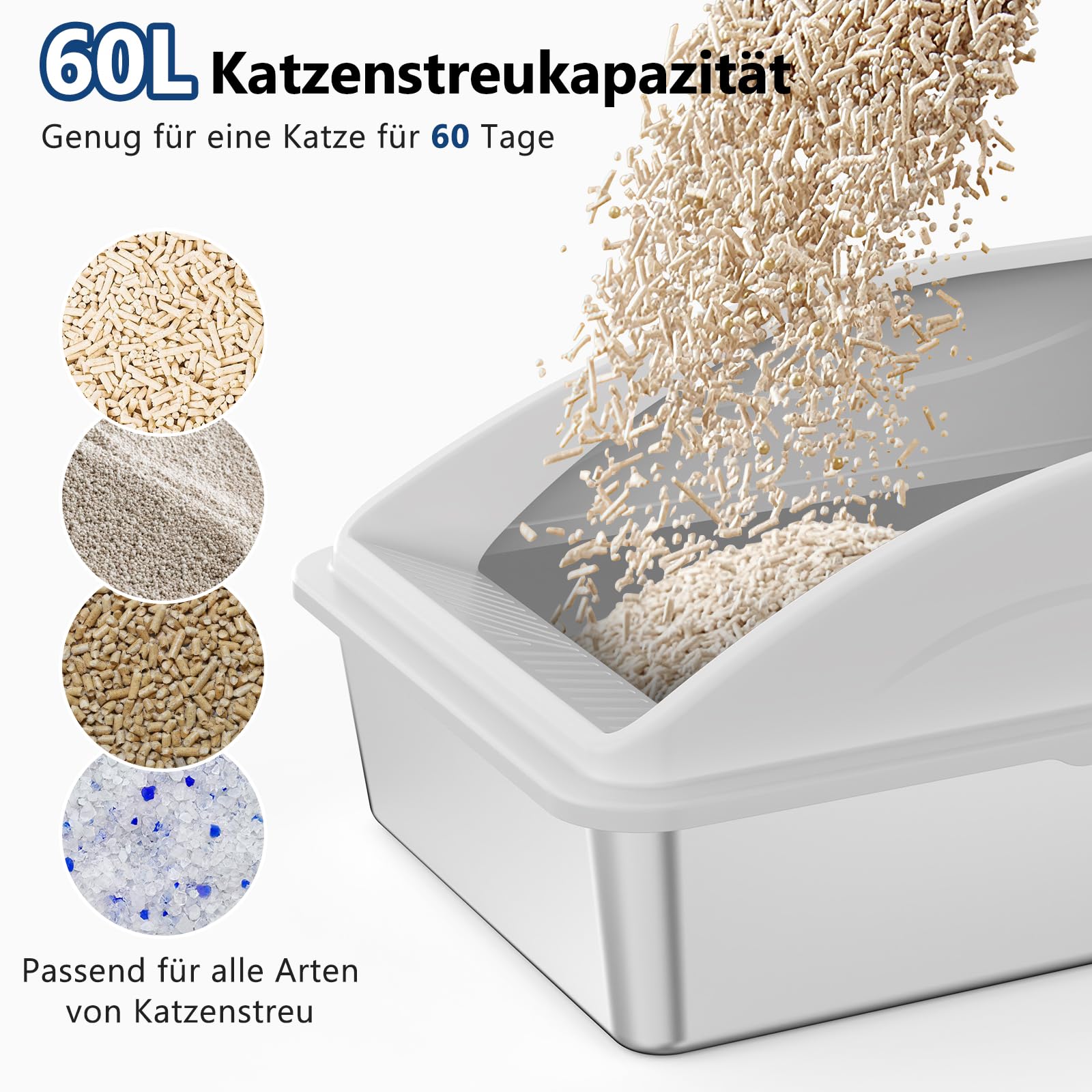 FURTIME Lettiera Gatto, 60 L Lettiera Acciaio Inox, Facile da Pulire, Facile da Pulire Antiodore e Spaziosa, Sabbiera XXXL Alta, Con Acciaio Inox Paletta, 71 x 51 x 31 cm