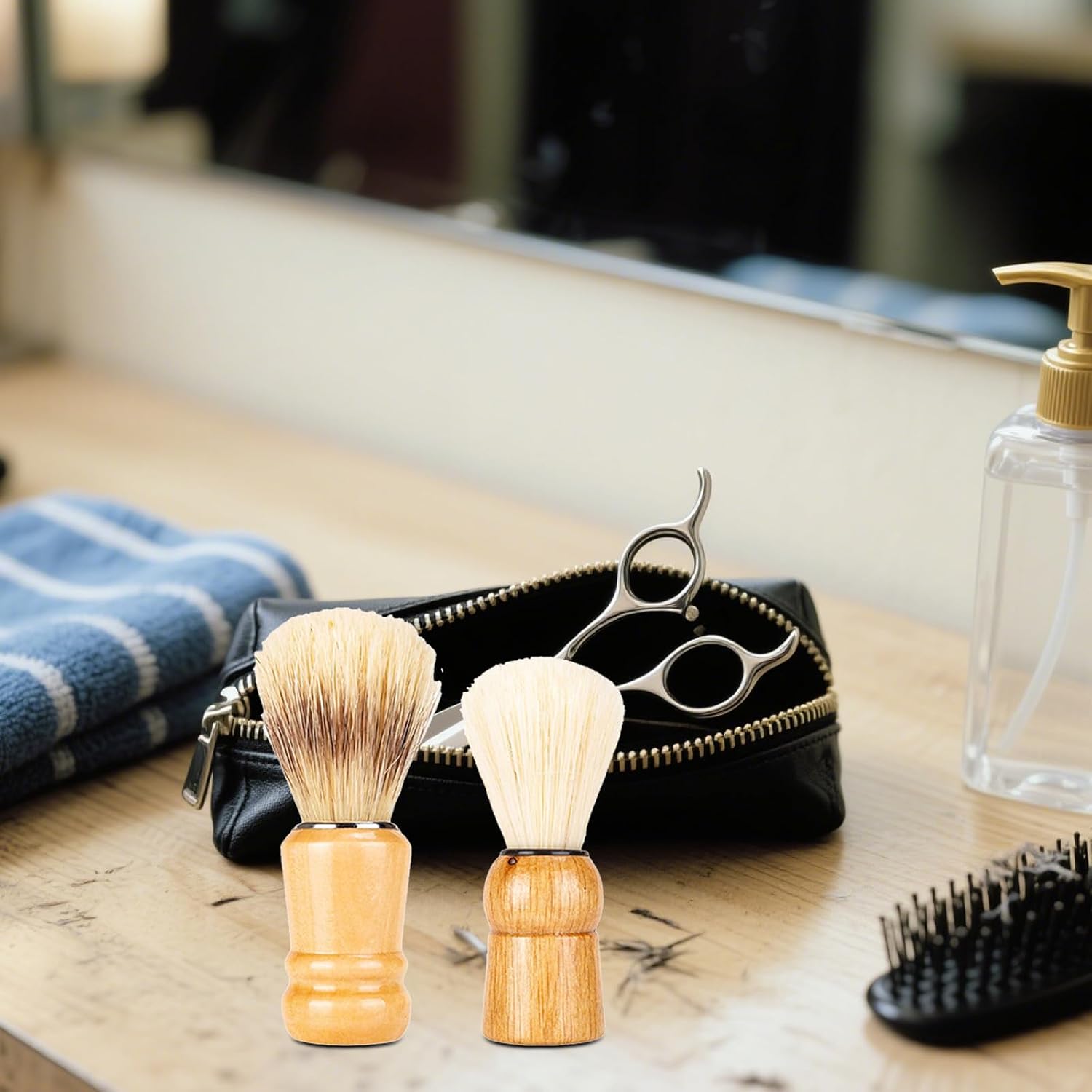 BESPORTBLE 2pcs Men's Shaving Brush Set with Wood Handles, Beard Care and Styling Tool, Nylon Bristles for Home and Travel Use, Mustache Brush Shave Accessory