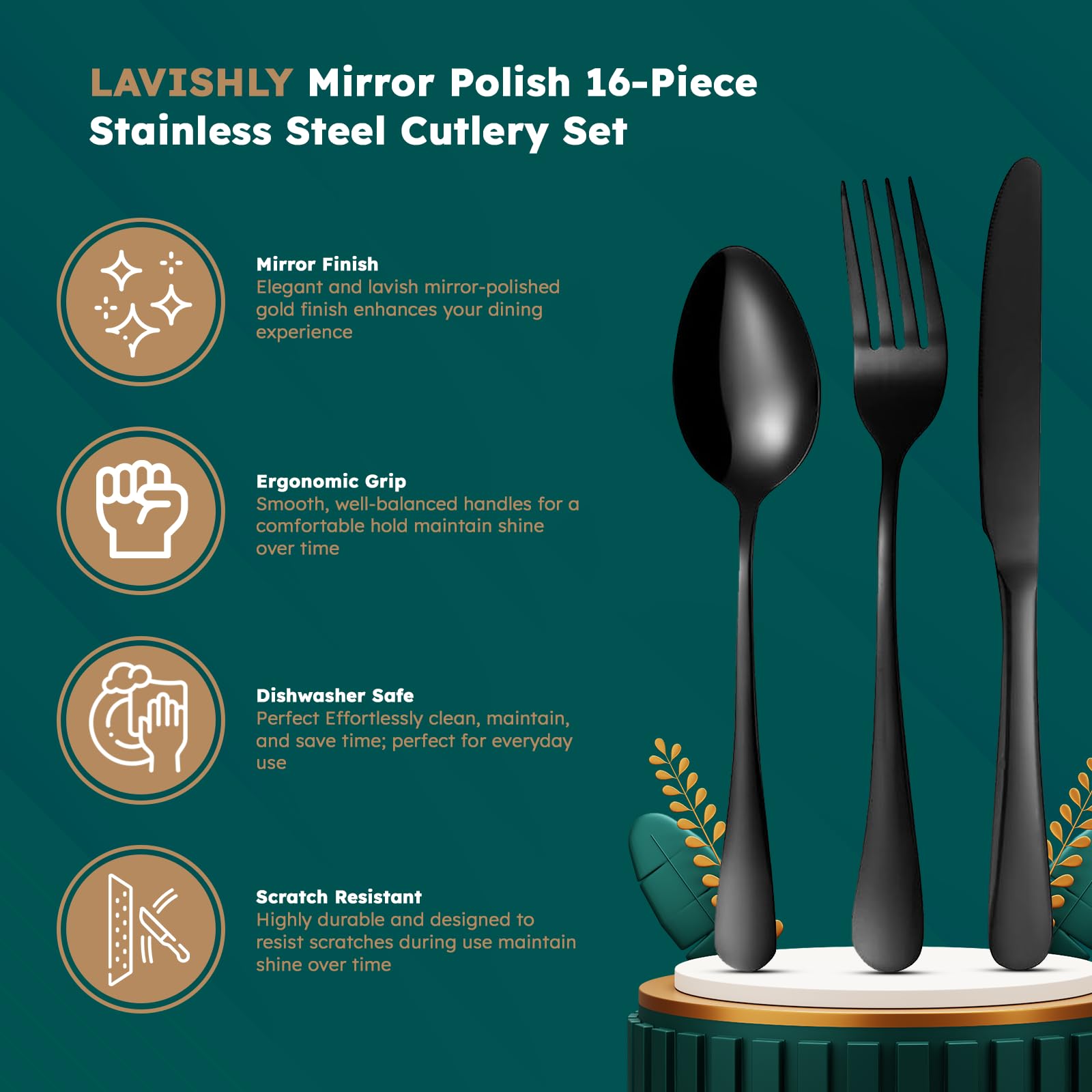 16-Piece Black Stainless Steel Flatware Set, LAVISHLY Mirror Polished Cutlery for 4 People, Durable & Dishwasher Safe Tableware - Image 2