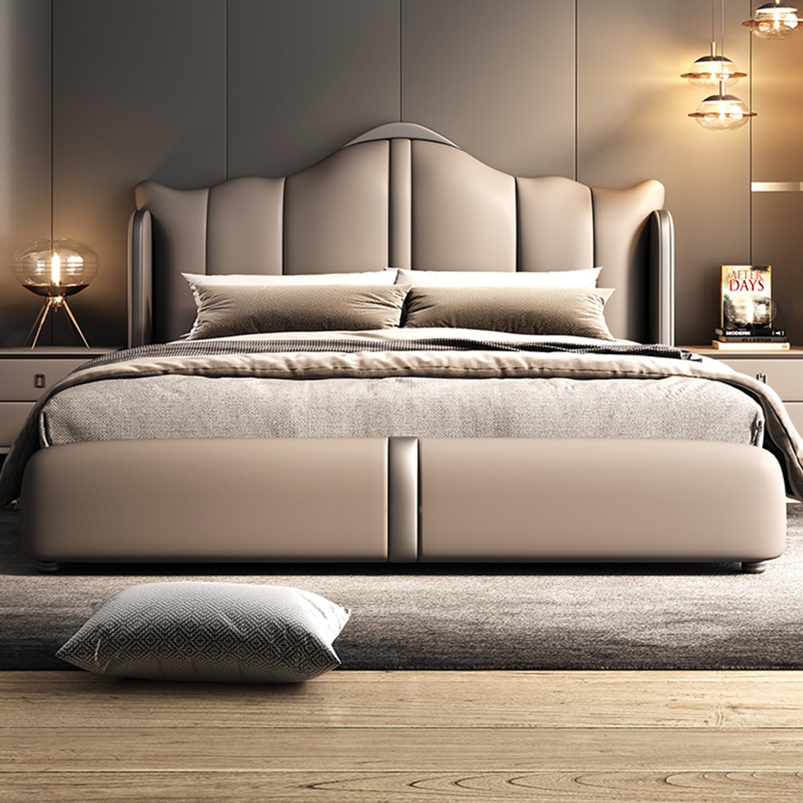 King Size Genuine Leather Wood Bed Upholstered Platform Bed Frame with Headboard and Lift Up Storage Wooden Slats