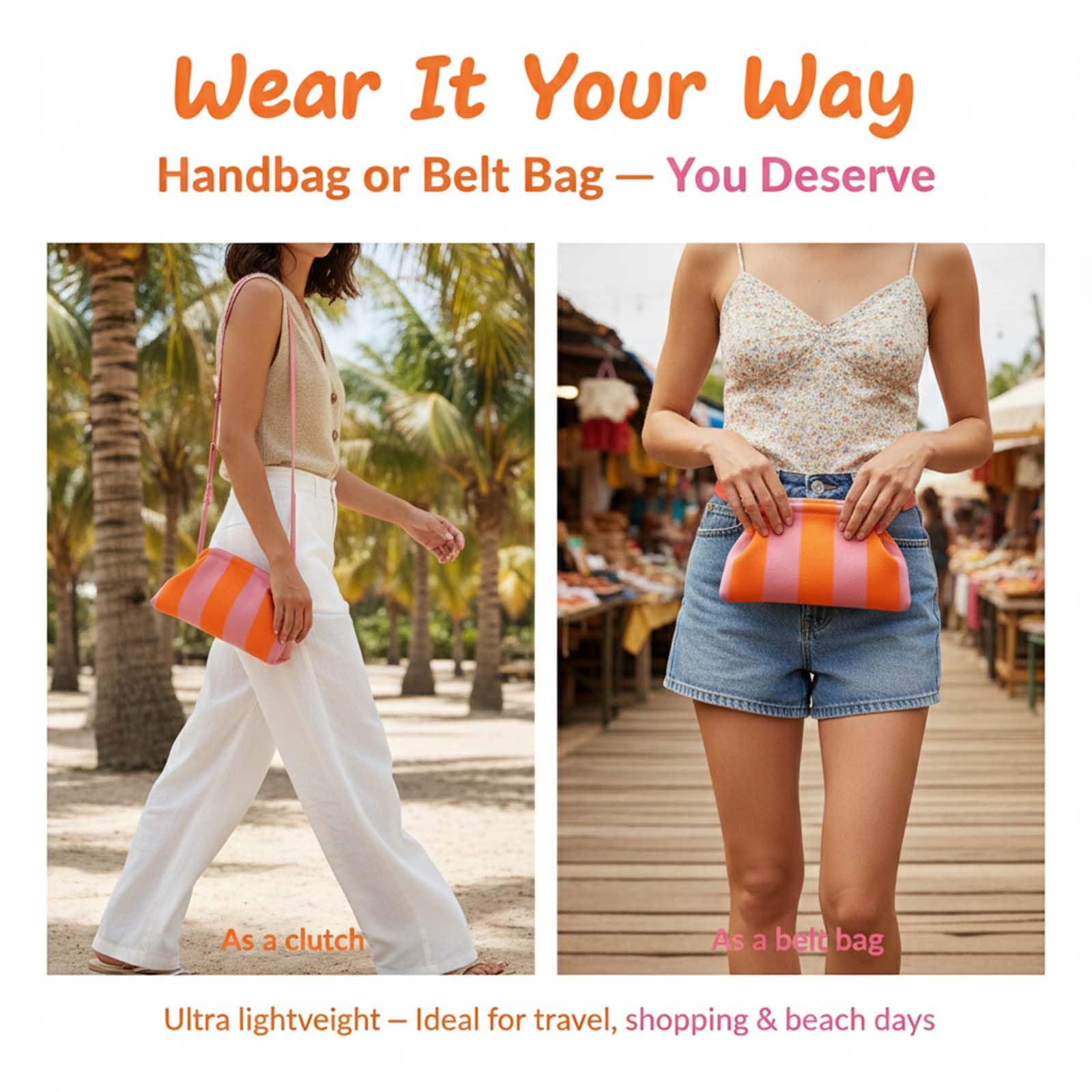 Sommer Strand Clutch Damen - Gestrickt Gestreift Knödel Clutch | Orange Pink Handtasche für Strand, Shopping & Reisen