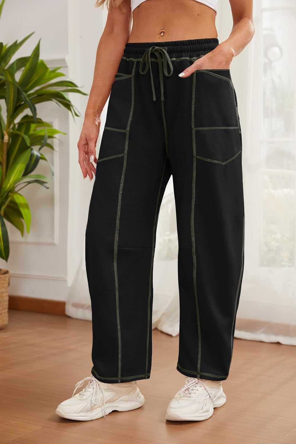 Womens Barrel Sweatpants Drawstring Elastic Waisted Casual Wide Leg Lounge Baggy Pa... - Image 4