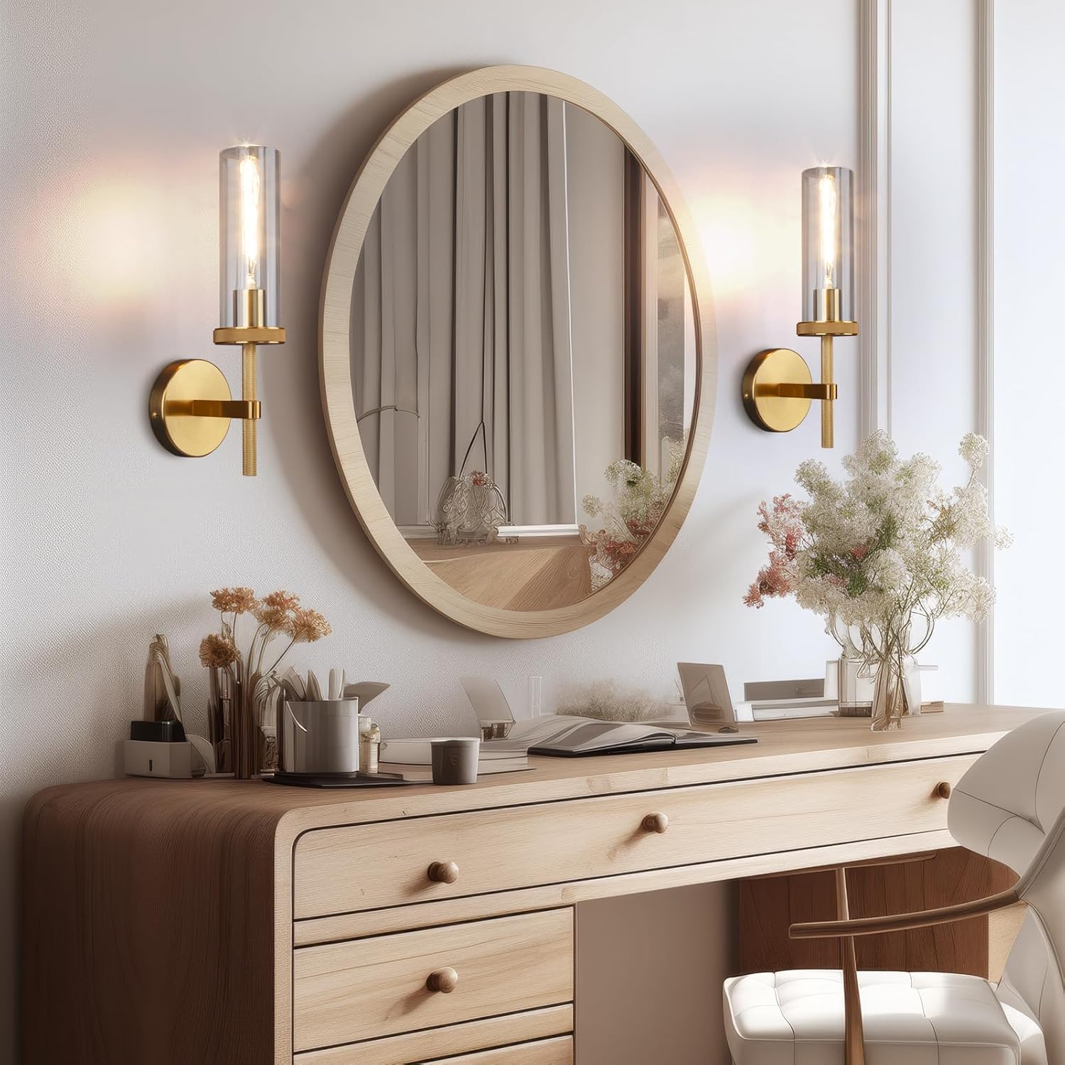 15" Knurled Gold Wall Sconces Set of 2, Bathroom Vanity Light Fixtures with Clear Glass Tube, Modern Lamp Lighting for Bedroom, Living Room, Hallway, Staircase, Mirror, Kitchen