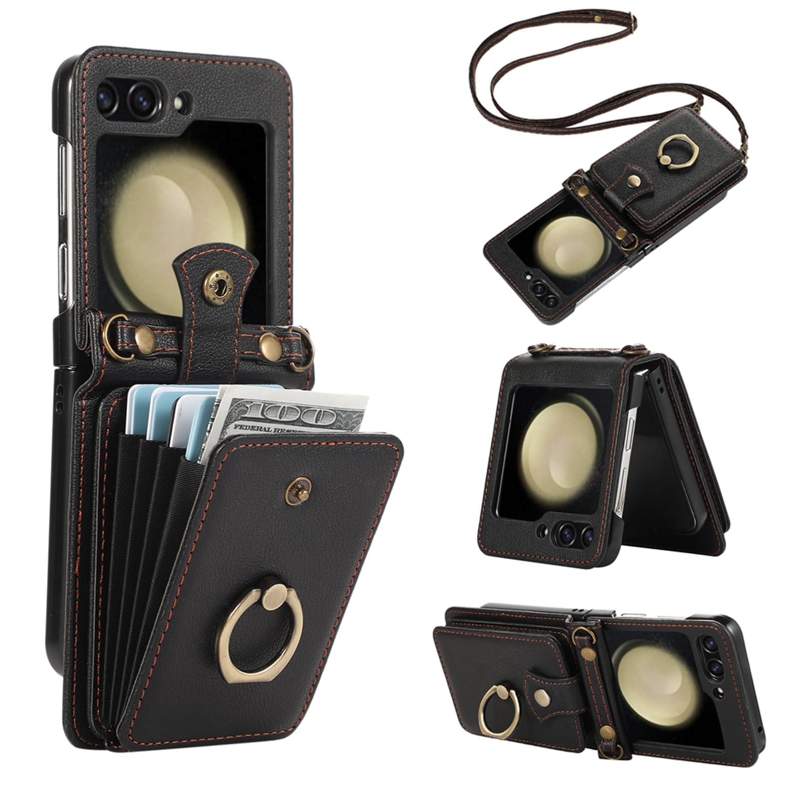 Asuwish Phone Case for Samsung Galaxy Z Flip 5 5G 2023 Wallet Cell Cover with Crossbody Strap Ring Stand RFID Credit Card Holder Leather Accessories ZFlip5 Z5 G Flip5 5Z Women Men Girls Black