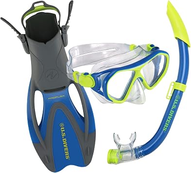 U.S. Divers Dorado II Junior Mask, ProFlex Fins, Seabreeze DX Snorkel Youth Set, Large Fins Fit Kids Sizes 5 to 8, Blue/Yellow