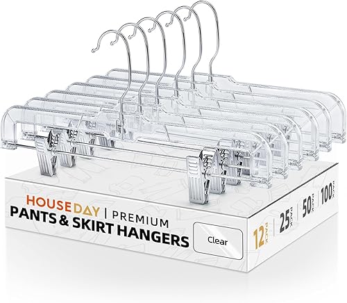 HOUSE DAY Paquete de 12 perchas de plástico transparente de 14 pulgadas para faldas con clips ajustables, ganchos giratorios de 360 grados, ganchos