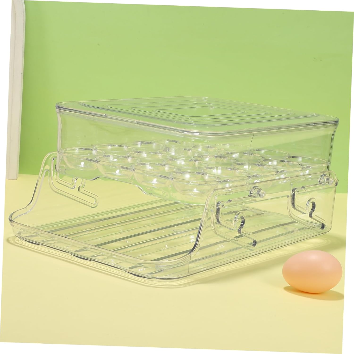 Luxshiny Transparent Double Layer Egg Container with Auto Rolling Dispenser Stackable Fridge Organizer for Eggs and Food Storage Pet Design for Easy Viewing and Cleaning