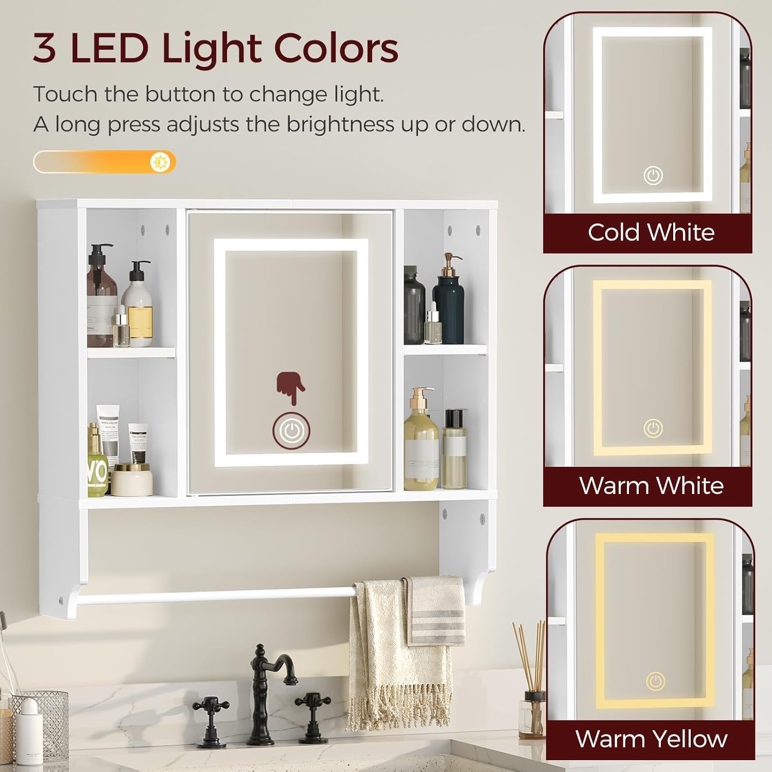 Image showing the MAHANCRIS WT2201 LED mirror displaying three different light colors: Cold White, Warm White, and Warm Yellow, with instructions for touch control.