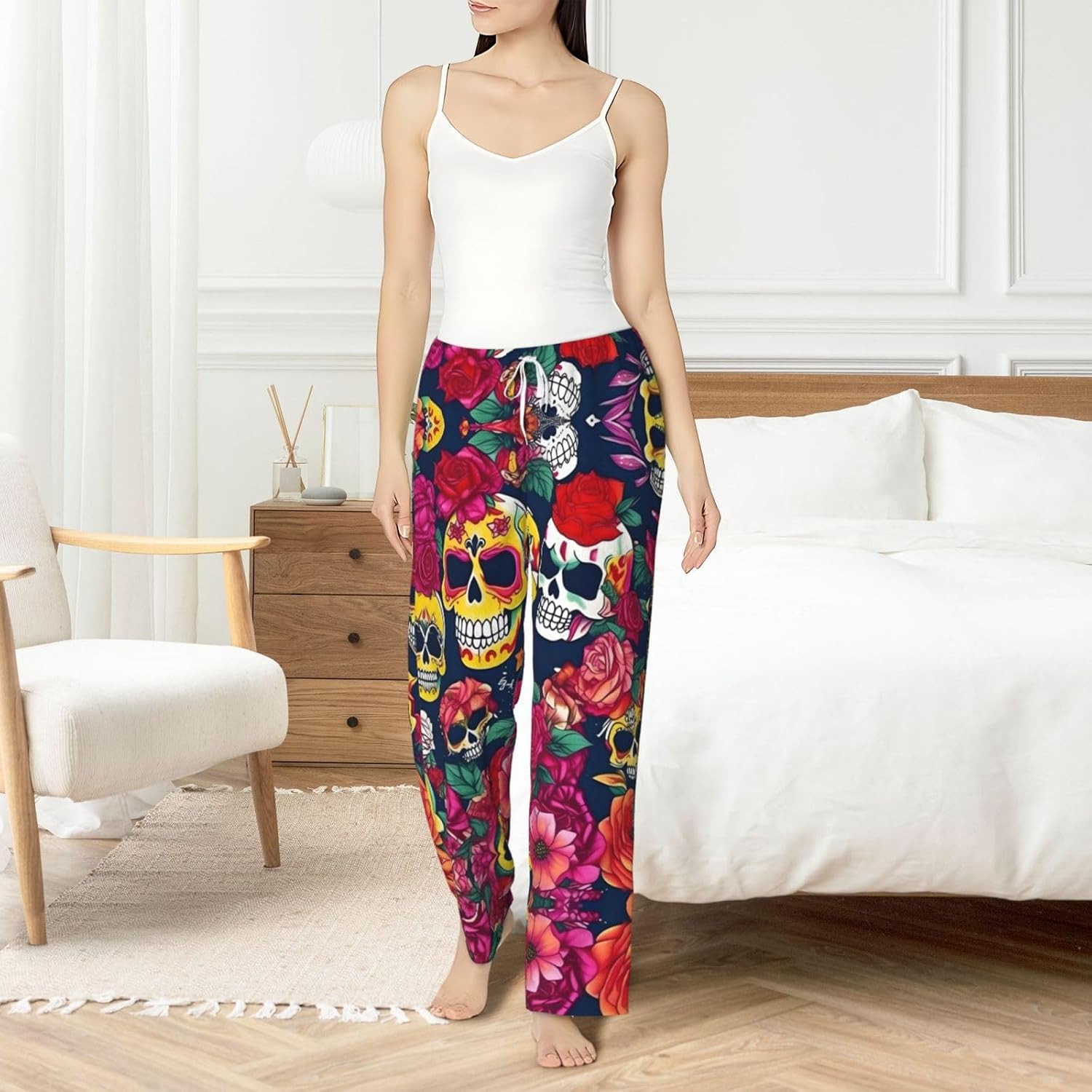 Sugar And Skulls And Flowers Print Cozy Christmas Pajama Pants,Flannel Pajama Bottoms,Cater To Various Body Types
