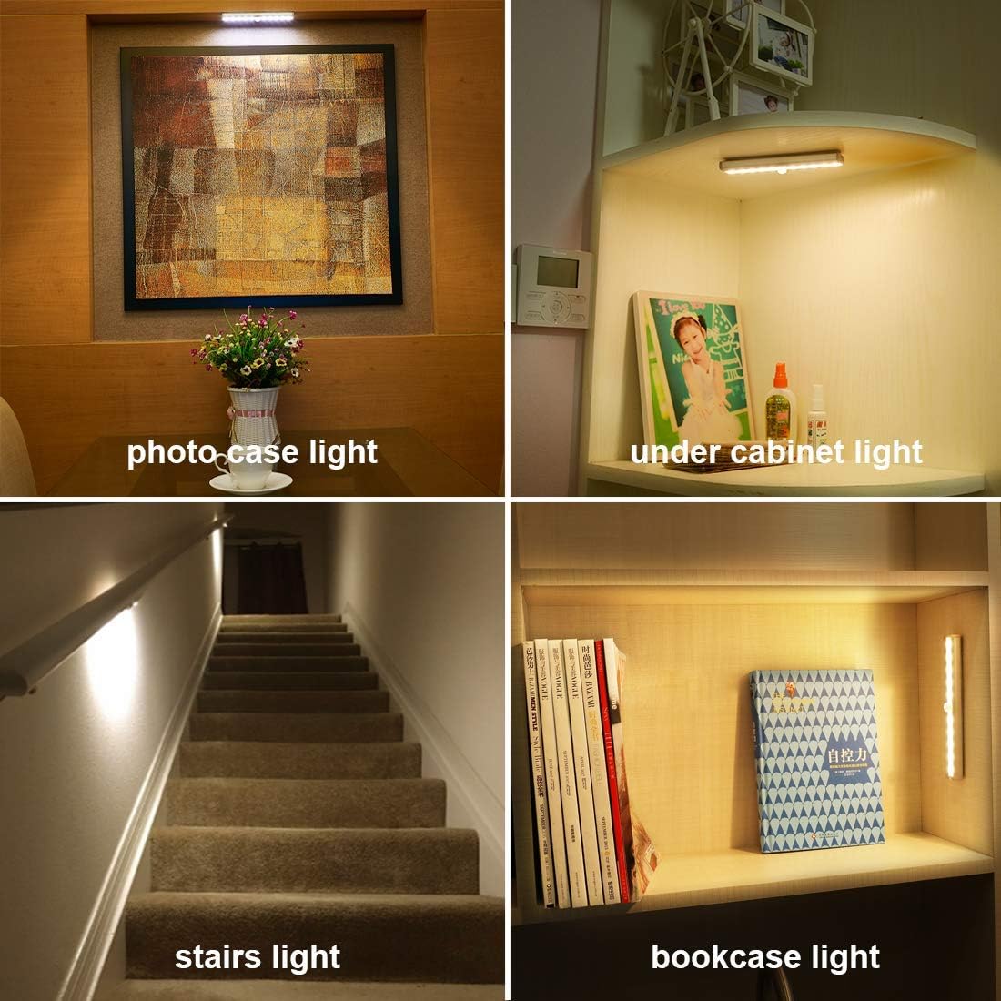 SZOKLED Under Cabinet Lights Battery Operated, Remote Control Closet Light 20-LED, Wireless Counter Lighting, Stick on Touch Night Light for Kitchen Hallway Stairs, Timing & Dimmable, 4 Pack