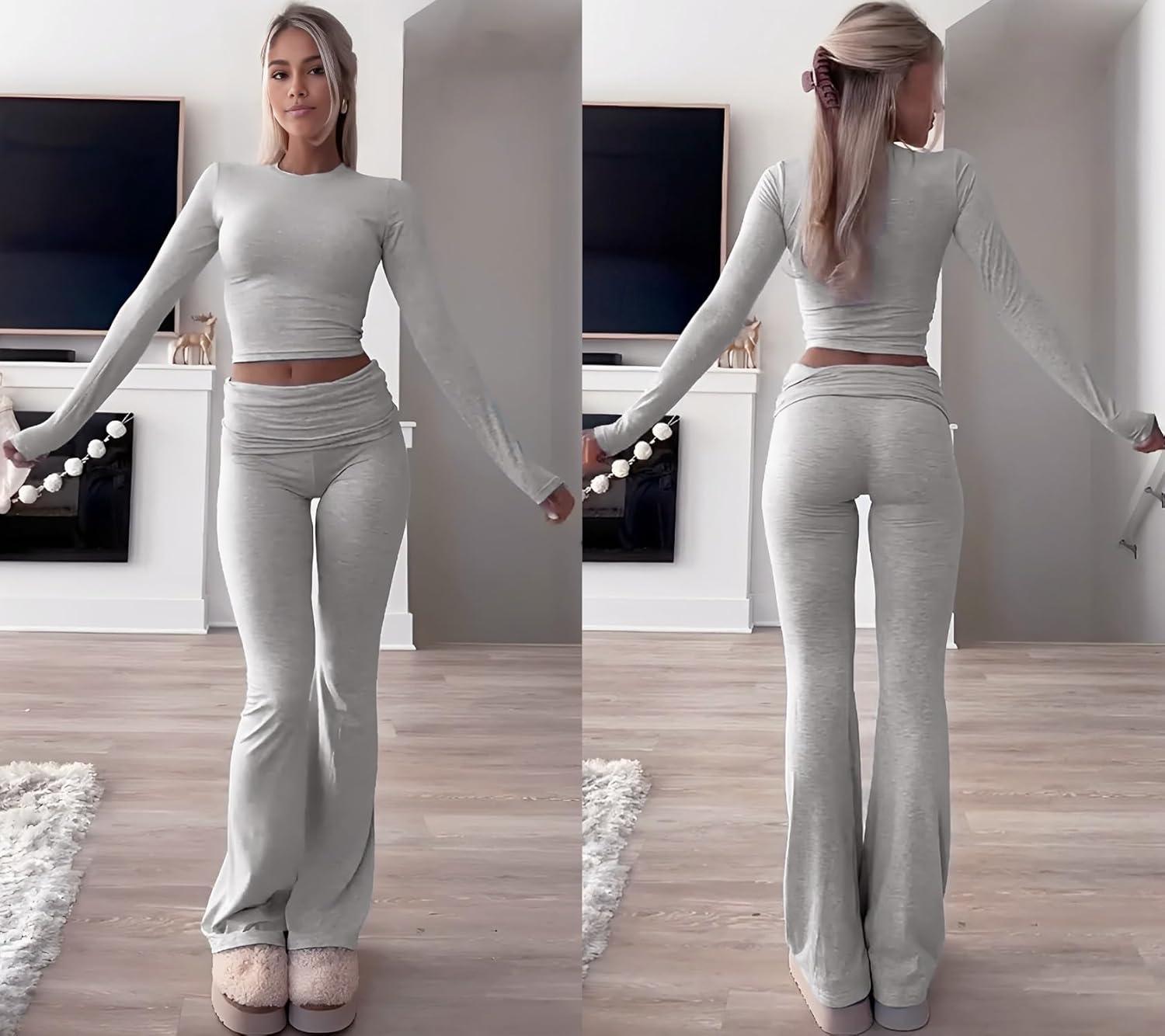 Women's 2 Piece Lounge Set Long Sleeve Crop Top and High Waisted Flare Pants Soft Knit Loungewear Outfit - Image 6
