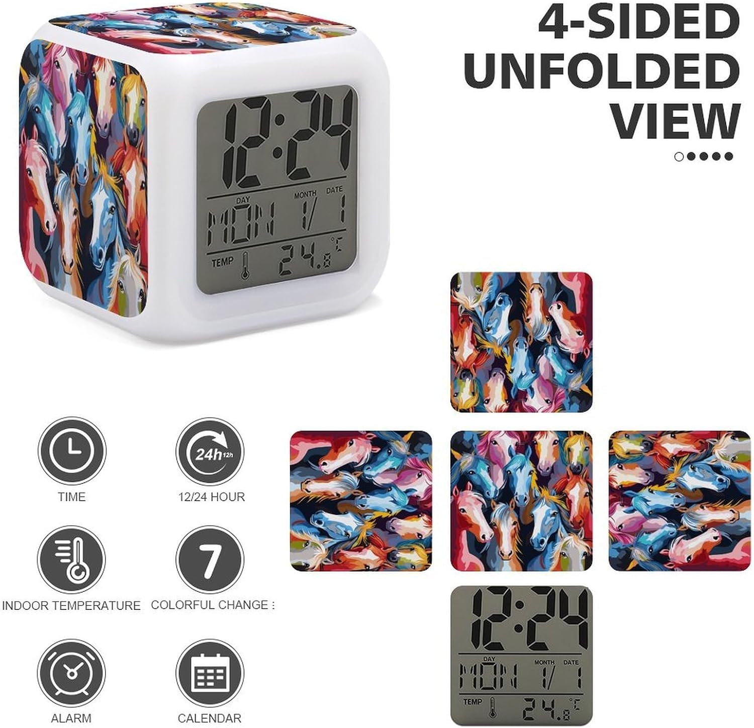 Colorful Cartoon Horses 7 Color Changing Night Light Alarm Clock Smart Digital LED Clock with Temperature, Date & Week Display - Easy to Use Wake-up Clock for Heavy Sleepers image 4