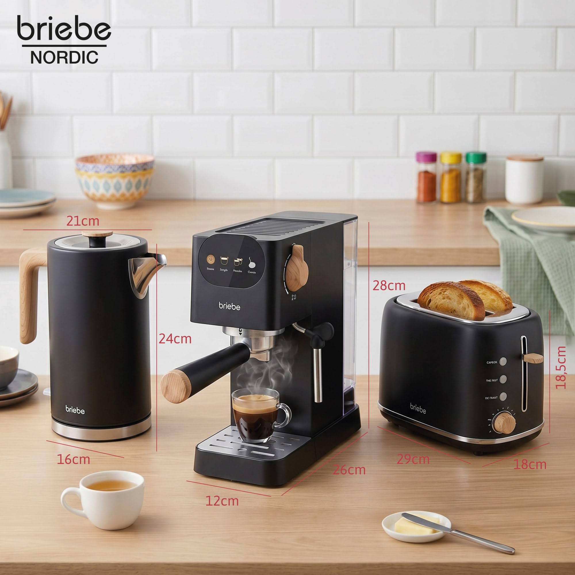 briebe Nordic Macchina Caffè Espresso 20 Bar per Capsule e Caffè Macinato + Bollitore Elettrico 1,7L Cordless, 2200 W + Tostapane a Fessura Larga a 2 Fette Set Colazione Design Nordique (Nero)