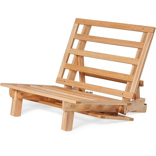 Tri-Fold Futon with White Ivory Color Mattress Included (Full Size, Natural Finish, Solid Wood) - 13 Position Sofa Bed, Lounger, and Couch