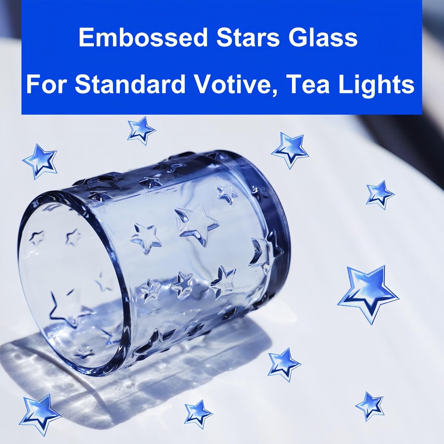 VOHO 24pcs Votive Candle Holders Star Embossed Glass, Blue Candle Holders Wedding Centerpieces for Tables, Glass Tealight Candle Holder for Thanksgiving, Halloween, Winter Holiday