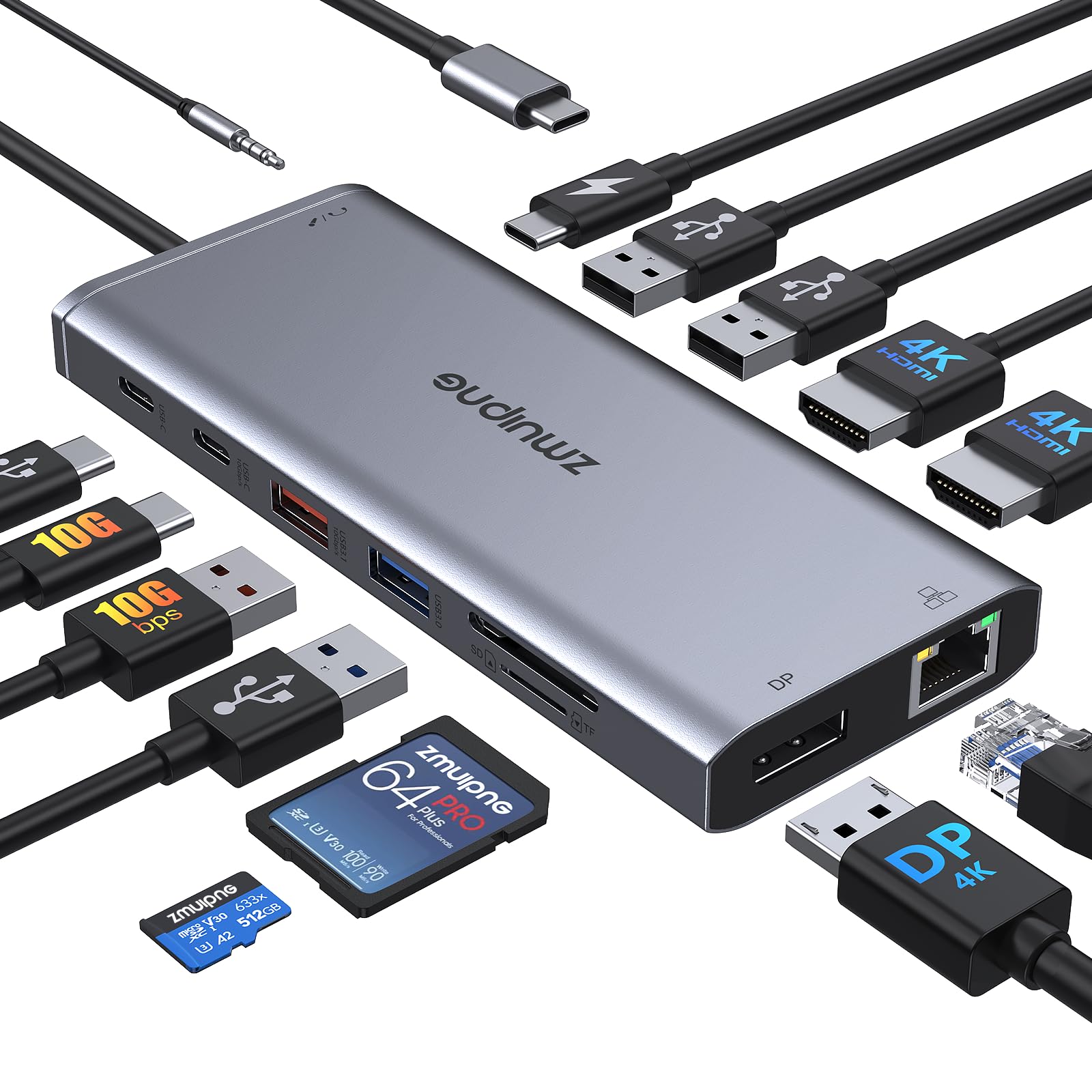 ZMUIPNG USB C Docking Station Dual Monitor, Laptop Docking Station USB C Hub to Displayport, 2 HDMI, 10Gb USB C, Ethernet, 4 USB, PD, SD/TF for Dell, Hp, Surface,MacBook Laptops