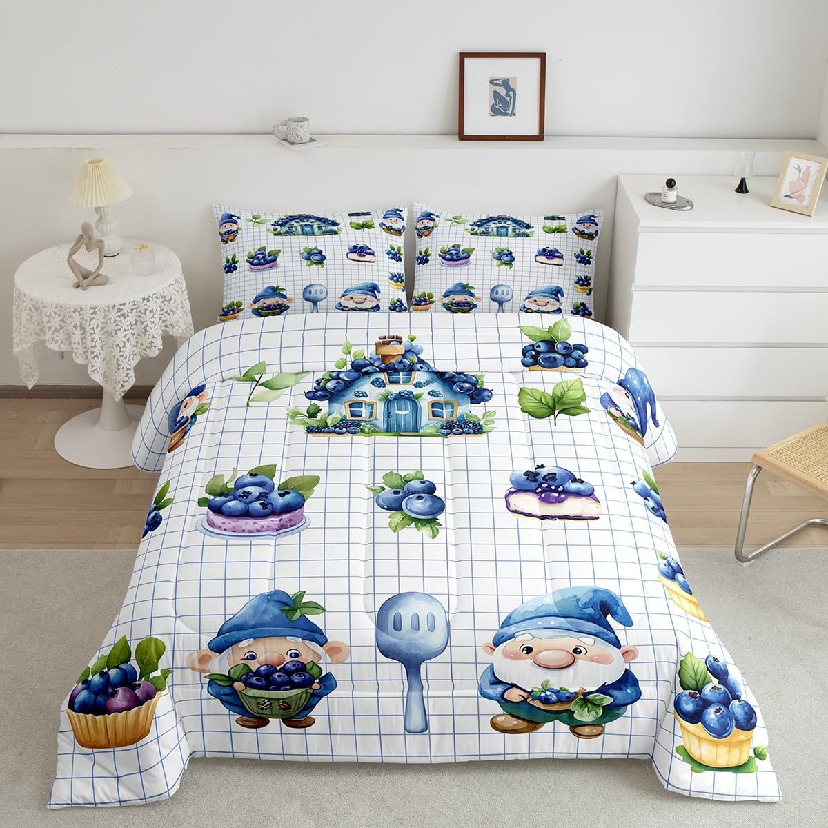 Blueberry Kids Comforter Set Twin Size,Watercolor Blueberry Cupcake Fruits Bedding Set,Girls Teens Men Room Decor,Cartoon Gnome Men Down Comforter,Cute Strawberry House Duvet Insert,1 Pillowcase