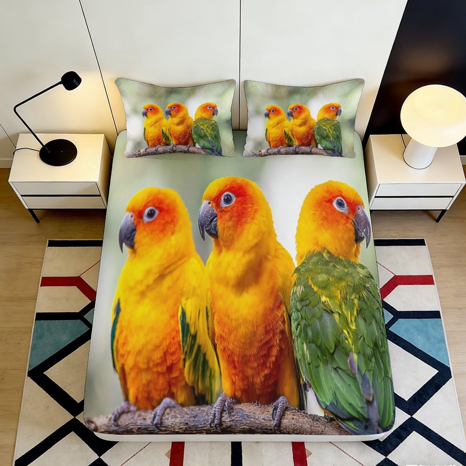 3D Printed Colourful Parrot Fitted Sheet Microfiber Soft Tropical Bird Bed Sheet for Bedroom Guest Room Decor 90x200x25cm