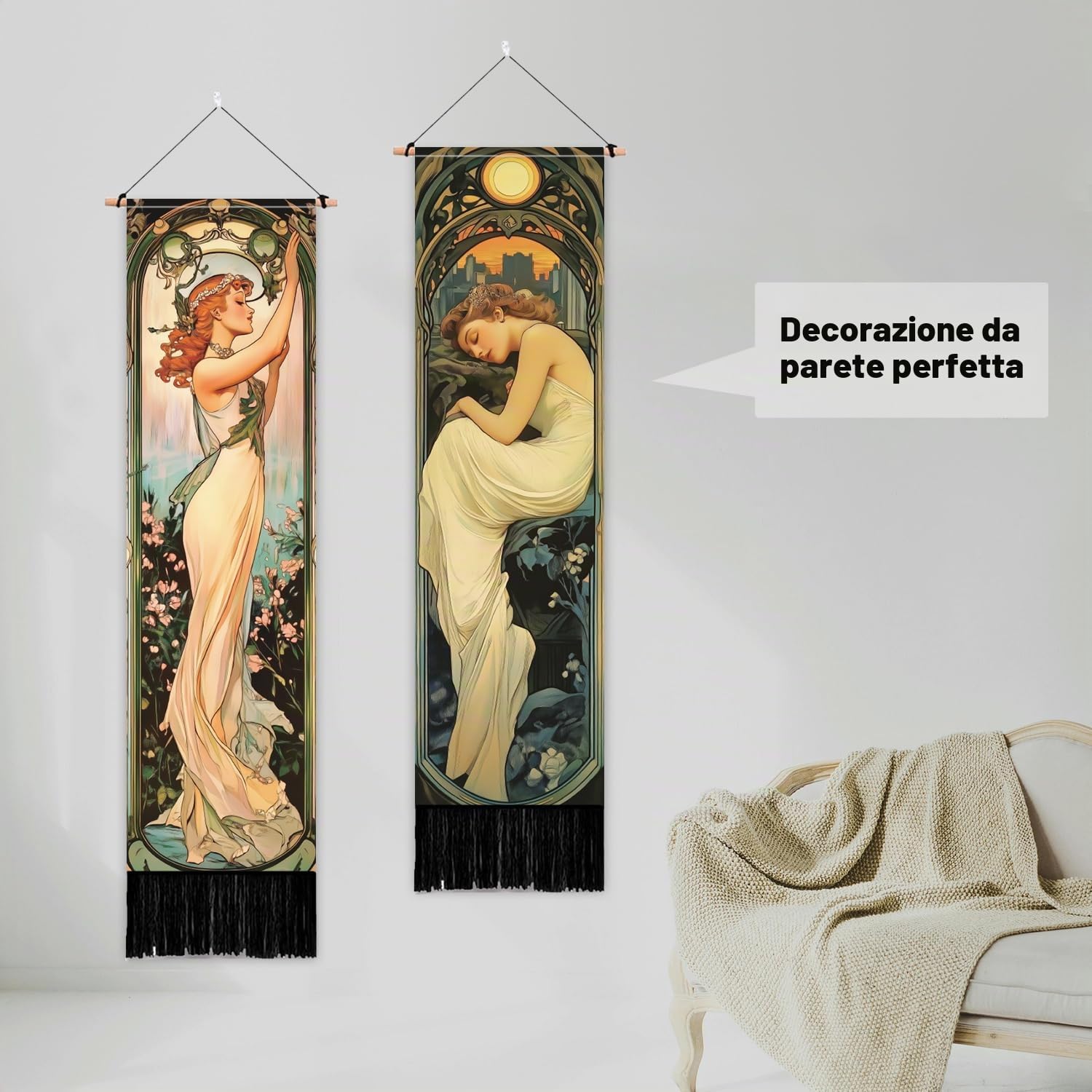 PLIGREAT Confezione da 2 arazzi verticali in stile Art Nouveau Poster estetico da parete per camera da letto, bagno, vintage, lungo, stretto, per camera da letto, camera da letto, casa, arte