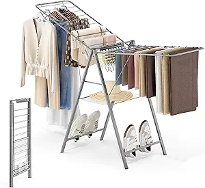 APEXCHASER Foldable Metal Clothes Drying Rack, Height Adjustable, Indoor & Outdoor Use, Grey