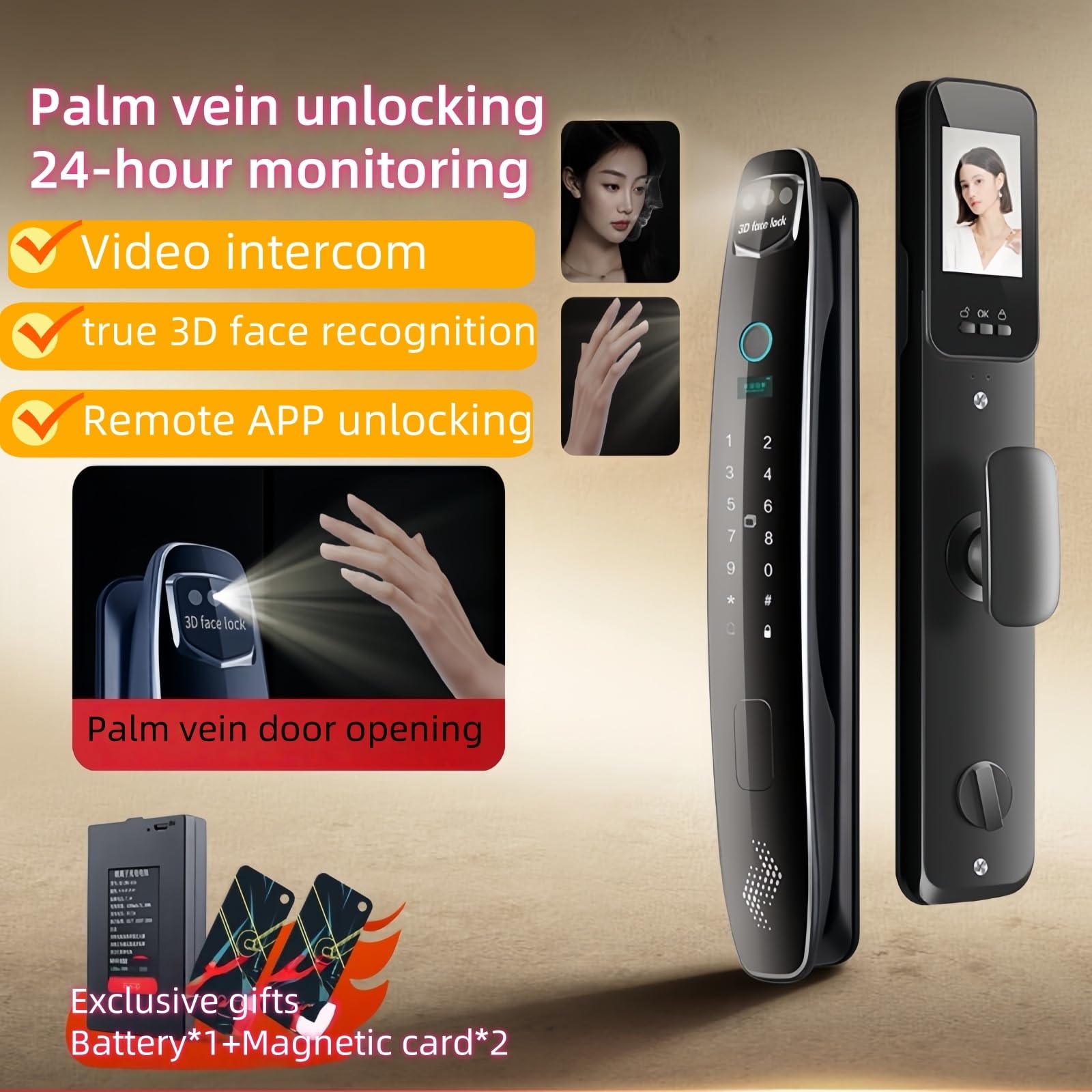 Cerrad. Inteligente 3D Rostro/Venas Palma - Auto-Bloqueo, Sin Llaves, Huella, Código, Intercom, App, Pantalla Color, Segur. 24/7, Antirrobo