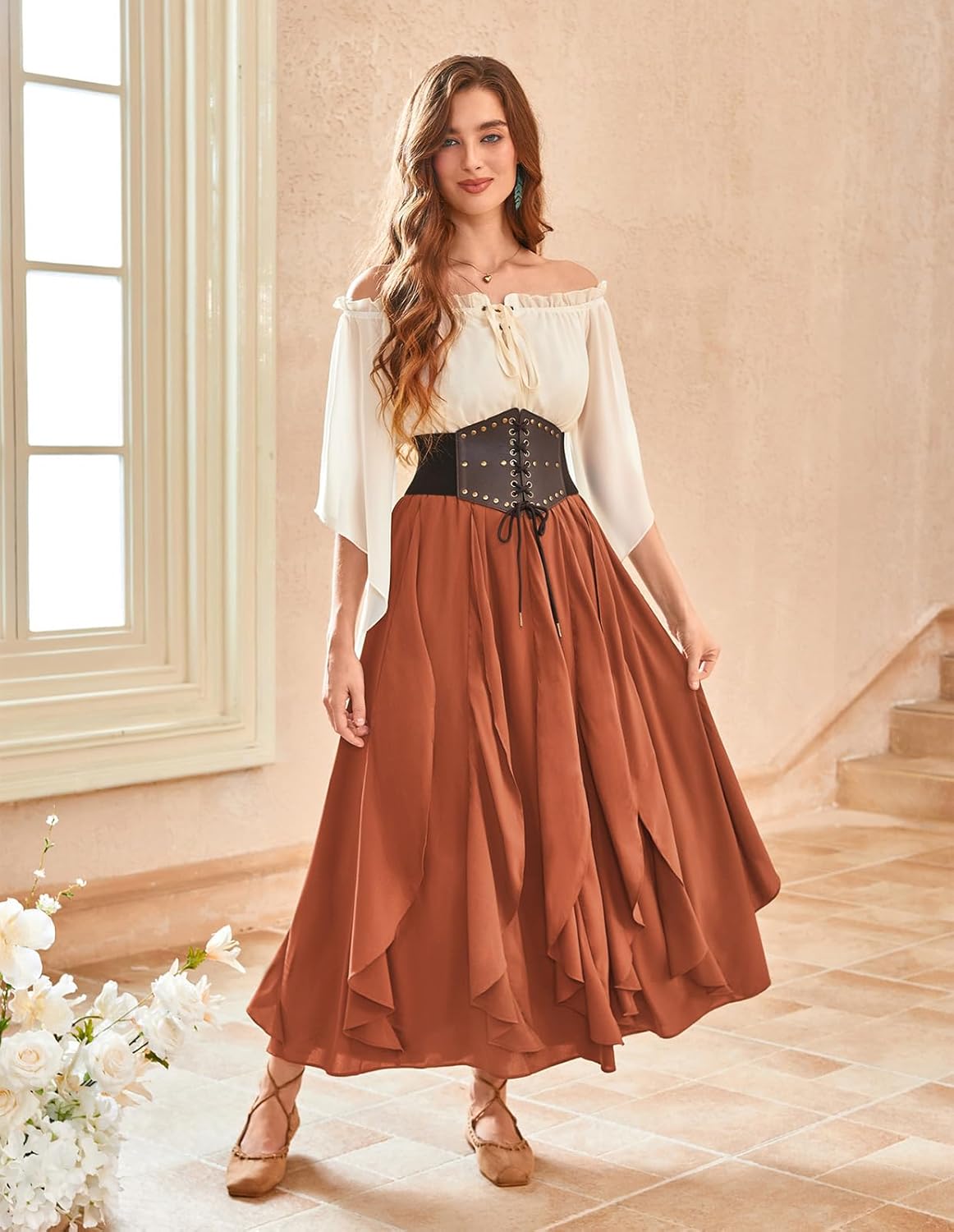 Scarlet Darkness Women Renaissance Shirt Off Shoulder Bell Sleeve Smocked Waist Tops Blouse - Image 4