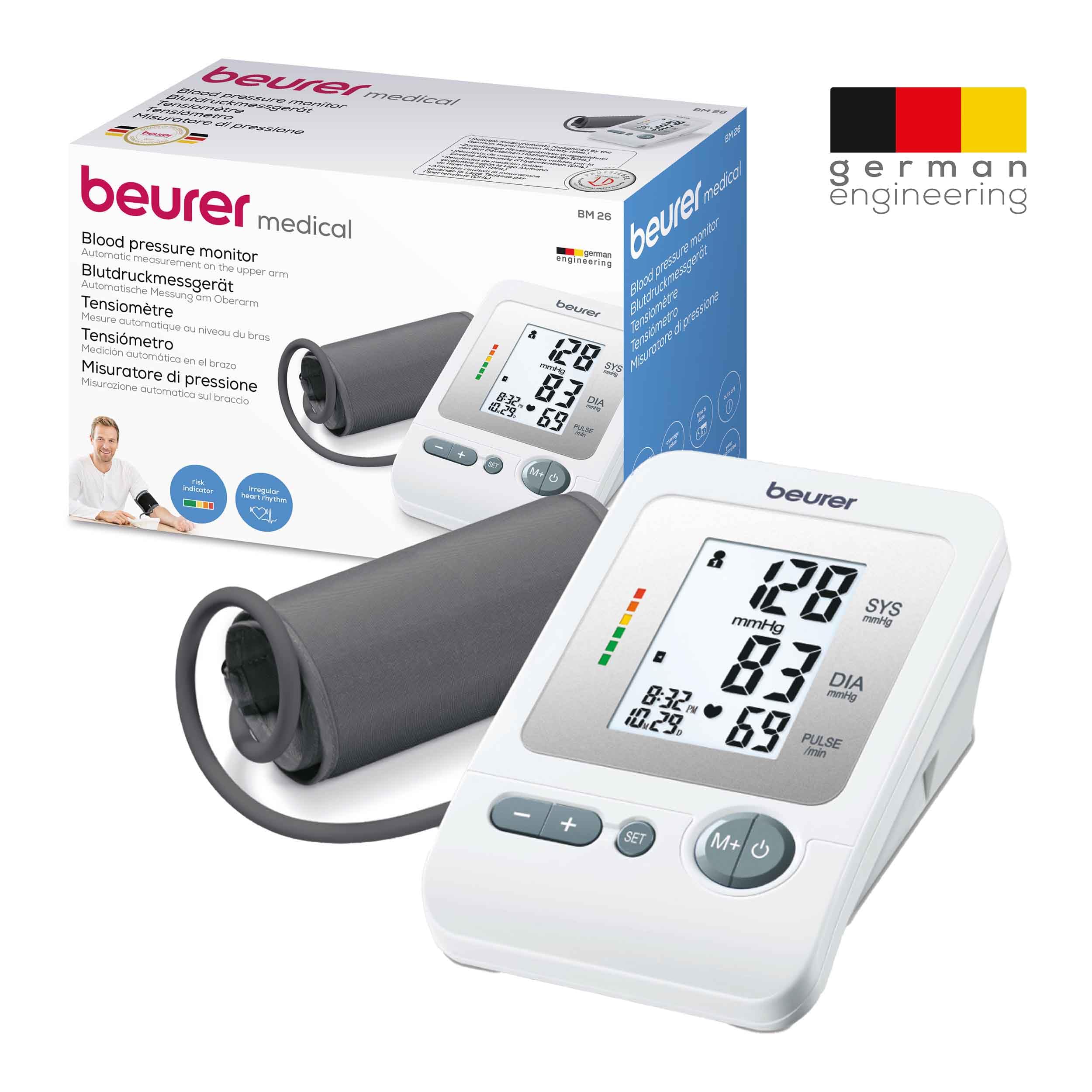 Beurer BM 26 Tensiómetro de brazo con manguito para circunferencias de brazo de 22-35 cm, indicador de riesgo, detección de arritmias, mensaje en caso de errores de aplicación