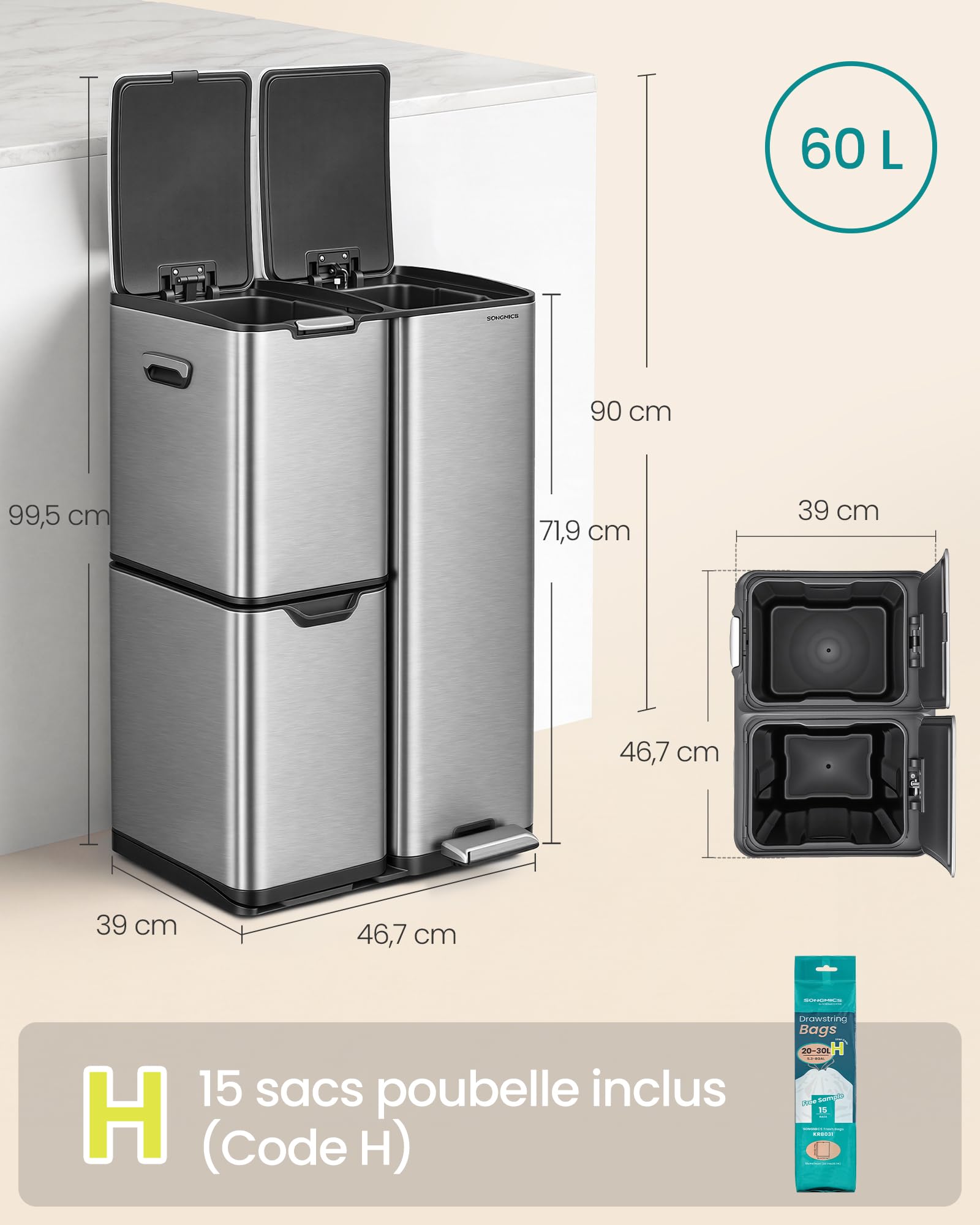 SONGMICS Poubelle Cuisine, Tri Sélectif, 3 Bacs, 60L, Acier