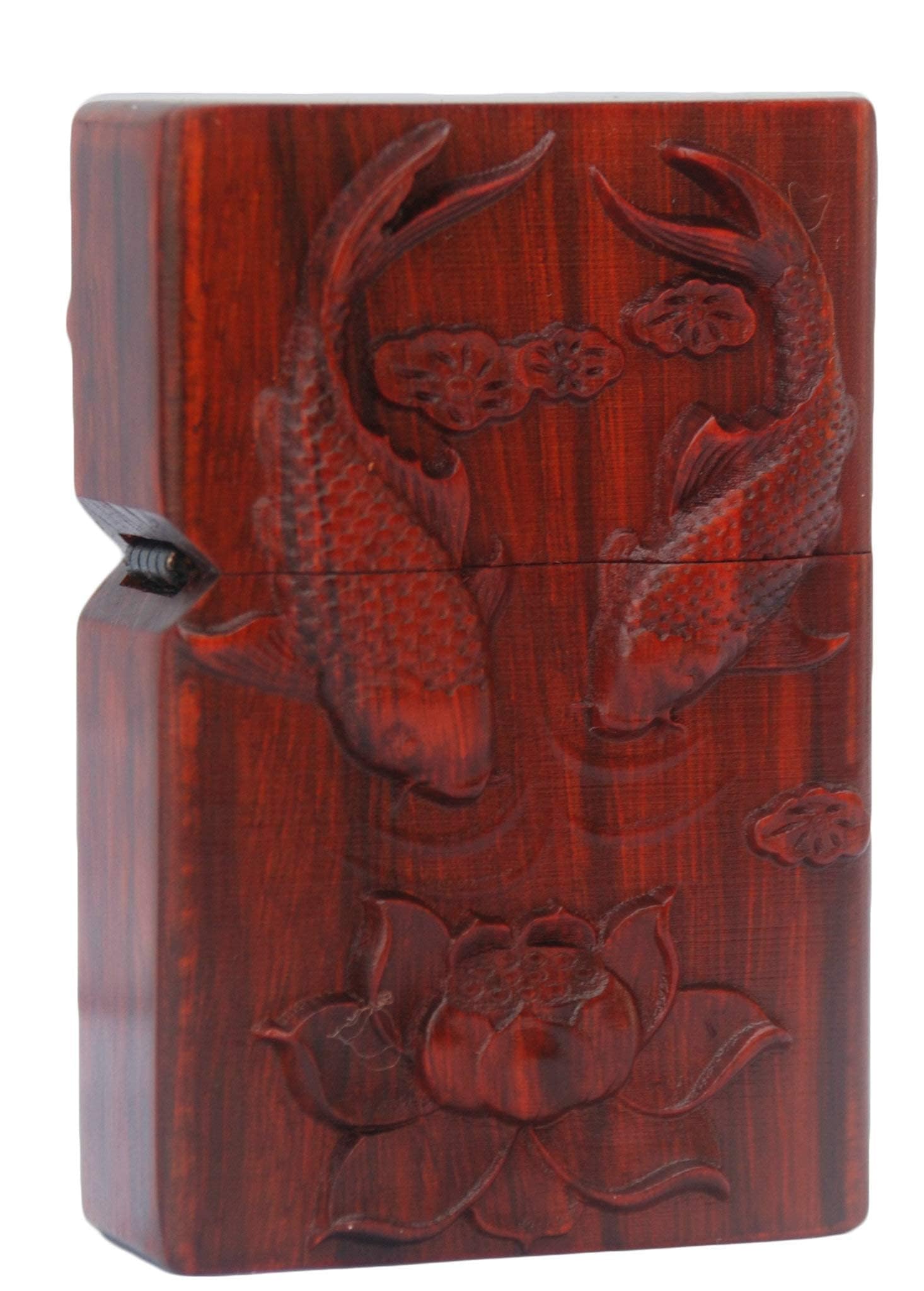 MEIDAI Natural Red Sandalwood Rosewood Carving Lighter，Replaceable for Zippo (Only Case), Compatible Insert Size 3.6cm * 1.2cm * 5cm，Lighter housing (Lotus Fish)