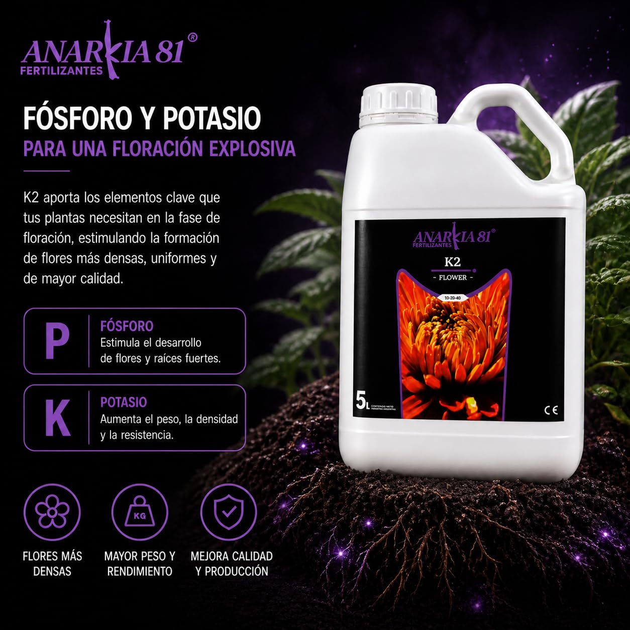 K2 5 L – Fertilizante de Floración para Plantas Nutrición Base Alta Concentración PK Acción Rápida Mejora Densidad Peso y Rendimiento en Cultivo Interior y Exterior - Anarkia81