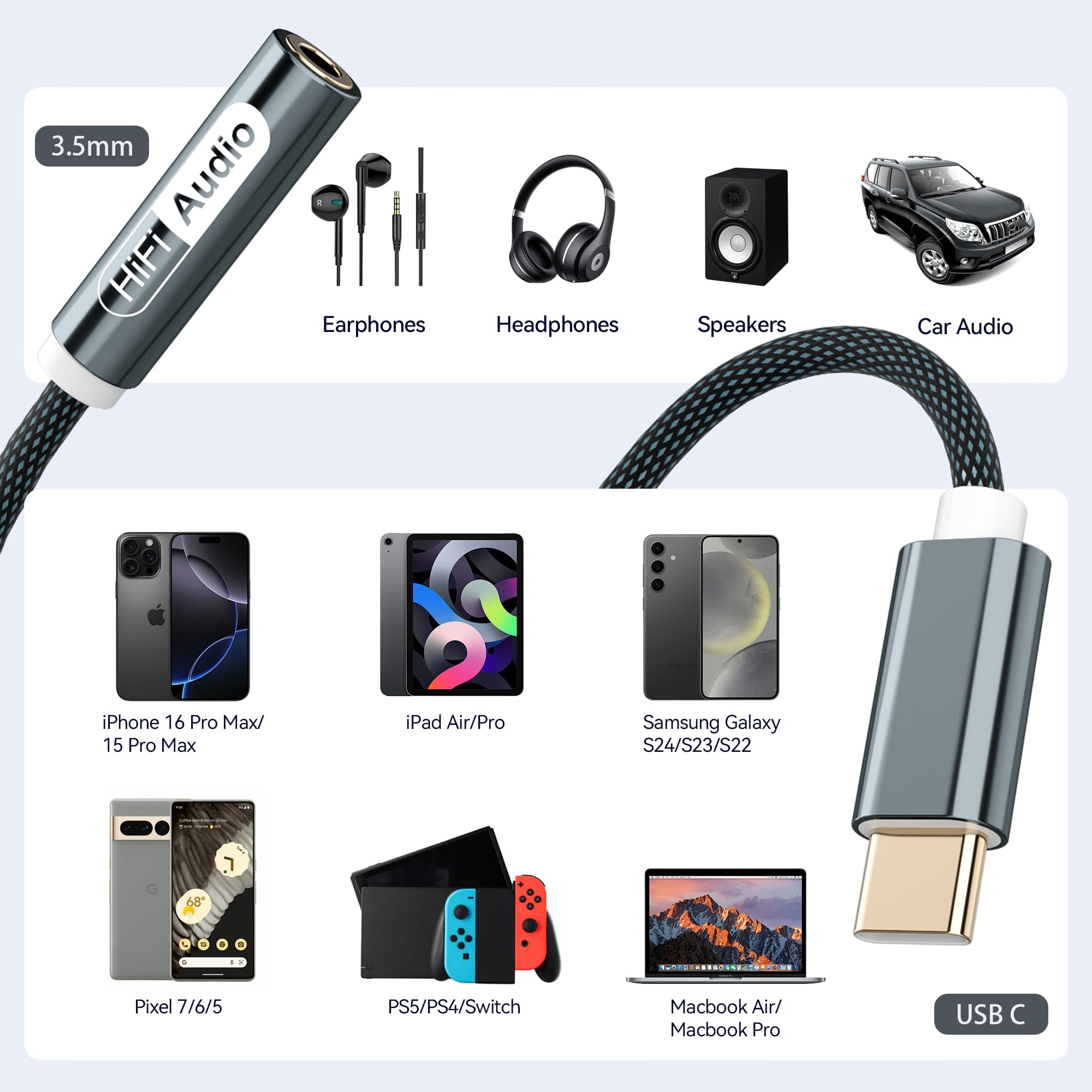 YISH Adattatore USB C Jack 3.5mm：Audio Aux USB Tipo C a Jack Adattatore con Chip DAC per 3.5mm Cuffie Compatibile con iPhone 17 16 15 Pro Max Air Samsung Galaxy S26 S25 S24 S23 Ultra iPad MacBook Pro