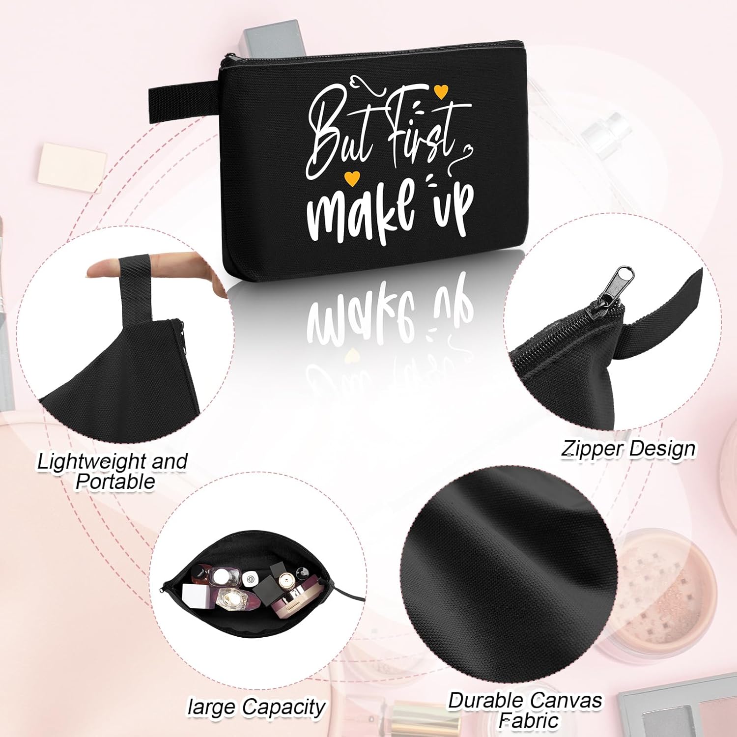 Reginary 60 Pieces Black Canvas Makeup Bags Bulk Portable Travel Cosmetic Pouch Multipurpose Blank Toiletry Bag with Zipper for Women DIY Craft Valentine's Day Gifts(9.8 x 5 x 2 Inch) - Image 3