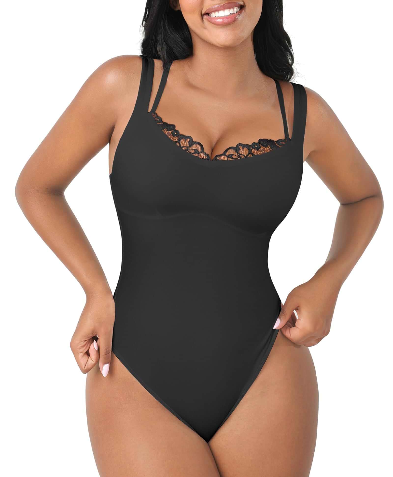 FeelinGirl Lace Shapewear Bodysuits for Women Sleeveless Thong Bodysuits V Neck, Sleeveless, Double Straps, Plus Size, Cheetah Print