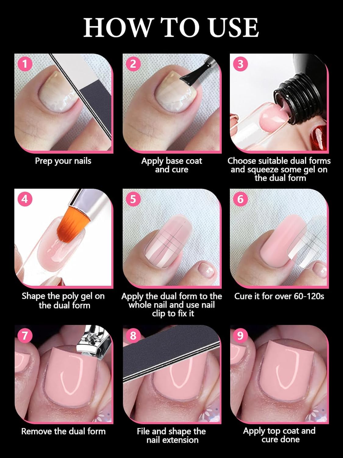 EBANKU 300 sztuk foremek do paznokci z żelu poli do paznokci, długie, kwadratowe, podwójne, do pedicure, wielokrotnego użytku, pełne szablony do przedłużania palców z poliżelu/akrylu, 15 rozmiarów