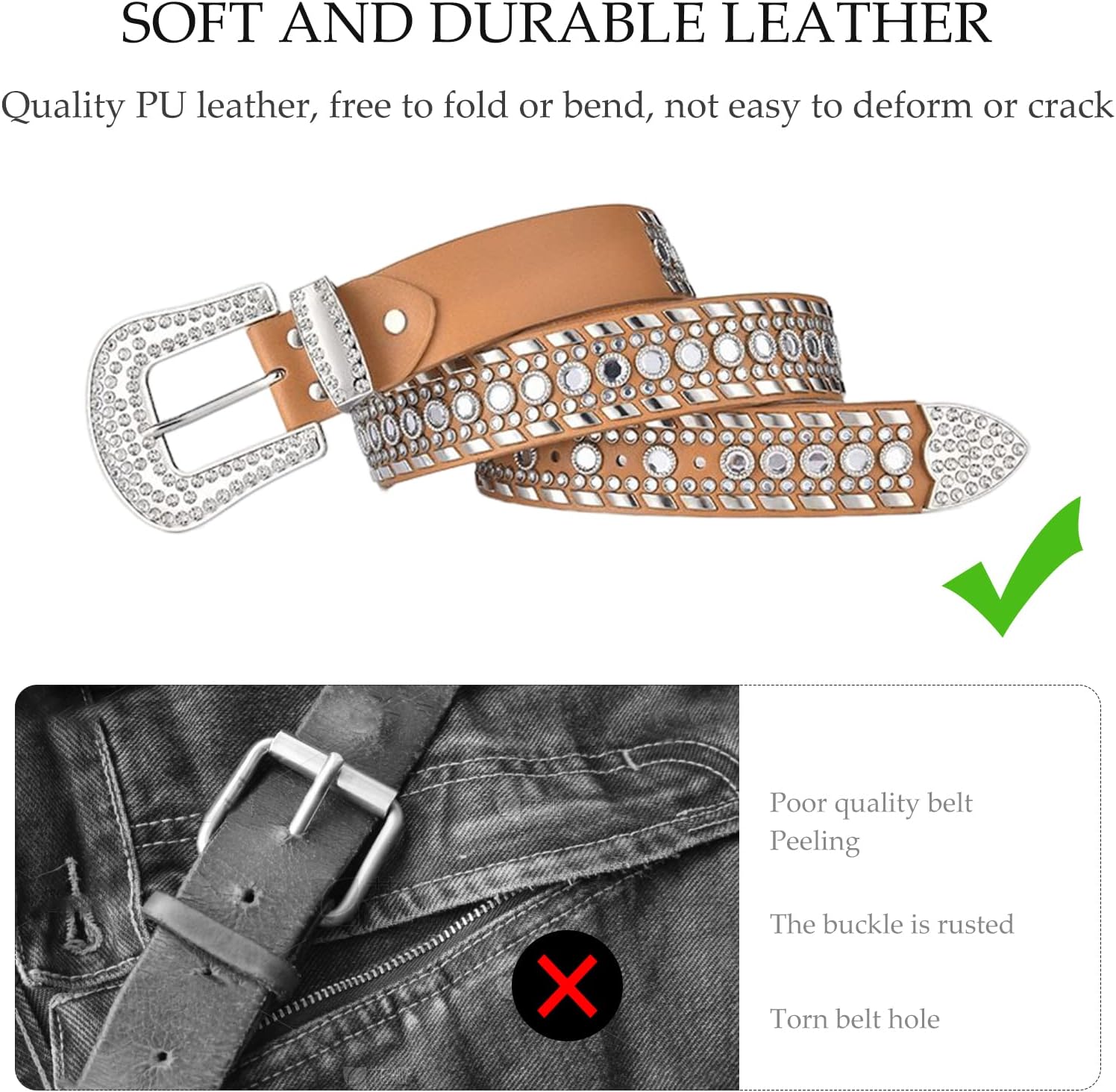 Rhinestone Leather Belt Western Cowgirl Cowboy Bling Studded Leather Belt Large Buckle Vintage Belt For Jeans Dress